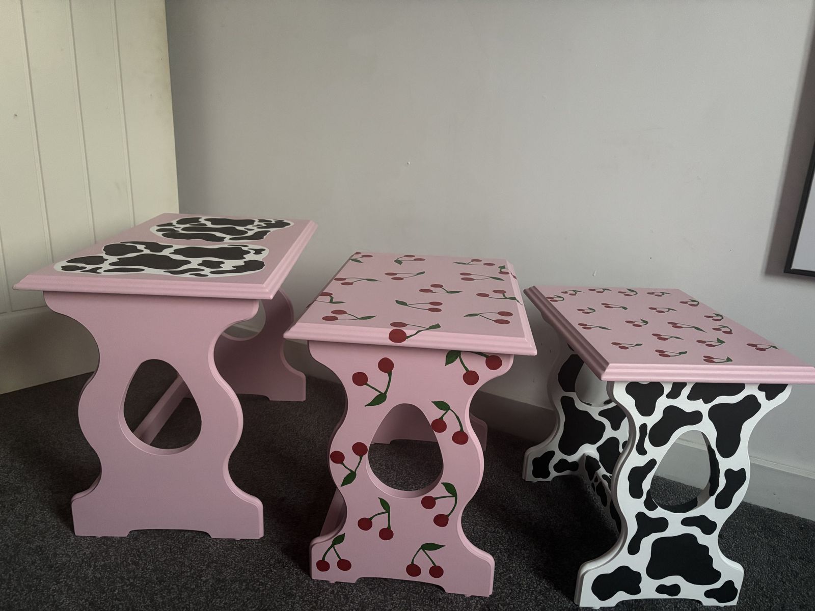 'Cherry Moo' Set Of 3 Hand Painted Stacking Tables | Pink Cow Print With Cherries | Whimsical Farmhouse Flair photo furniture