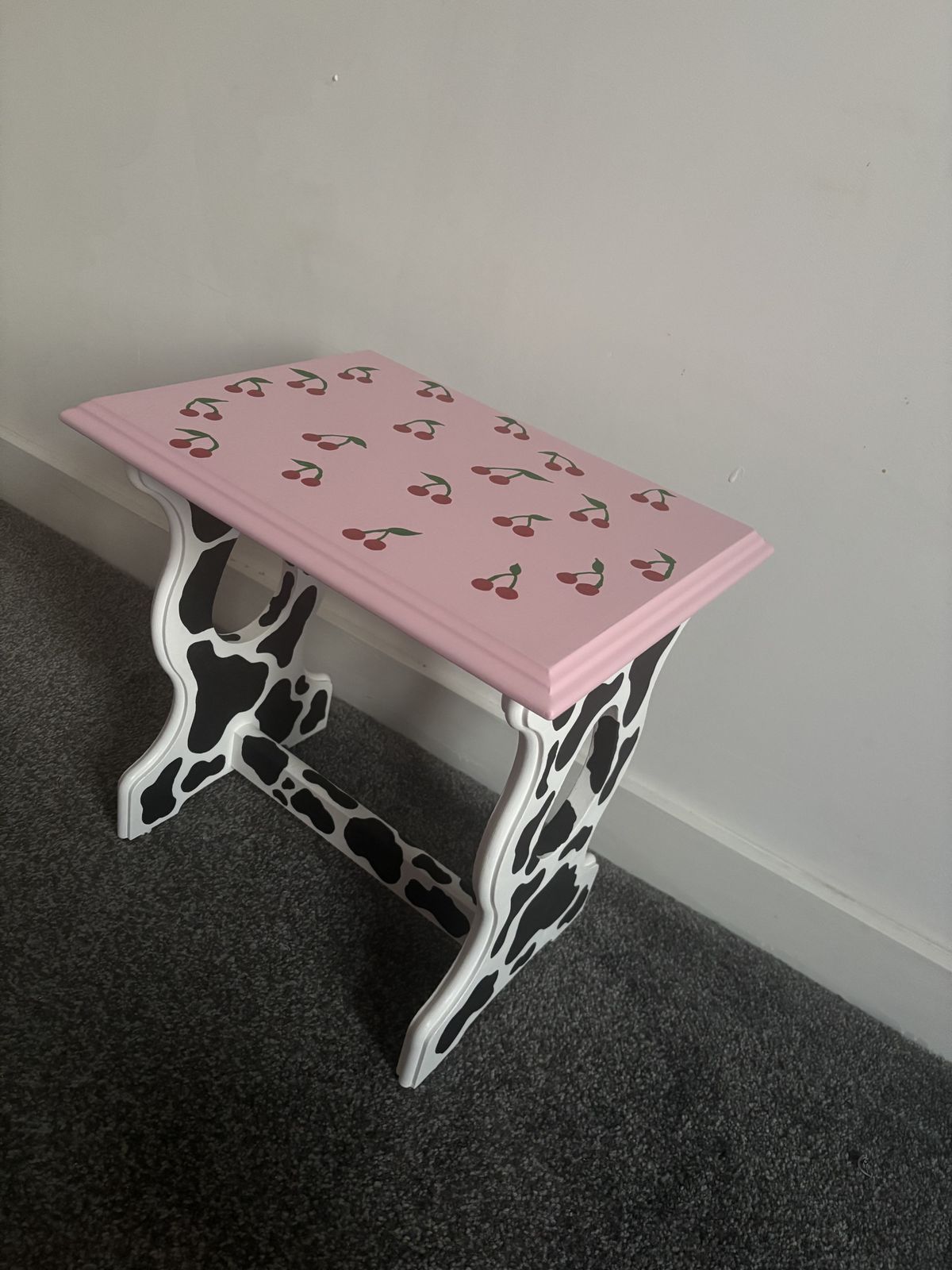 photo for sale 'Cherry Moo' Set Of 3 Hand Painted Stacking Tables | Pink Cow Print With Cherries | Whimsical Farmhouse Flair