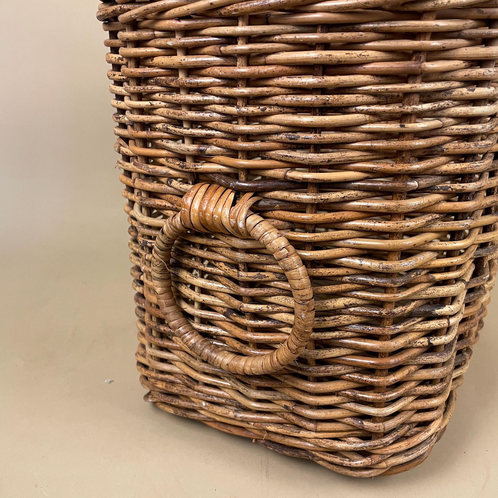 Vintage Storage Basket Woven Wicker Brown Wood Log Plant Pot Cover Blanket Basket Toy Basket Medium Antique Style Rectangle Handmade photo for sale