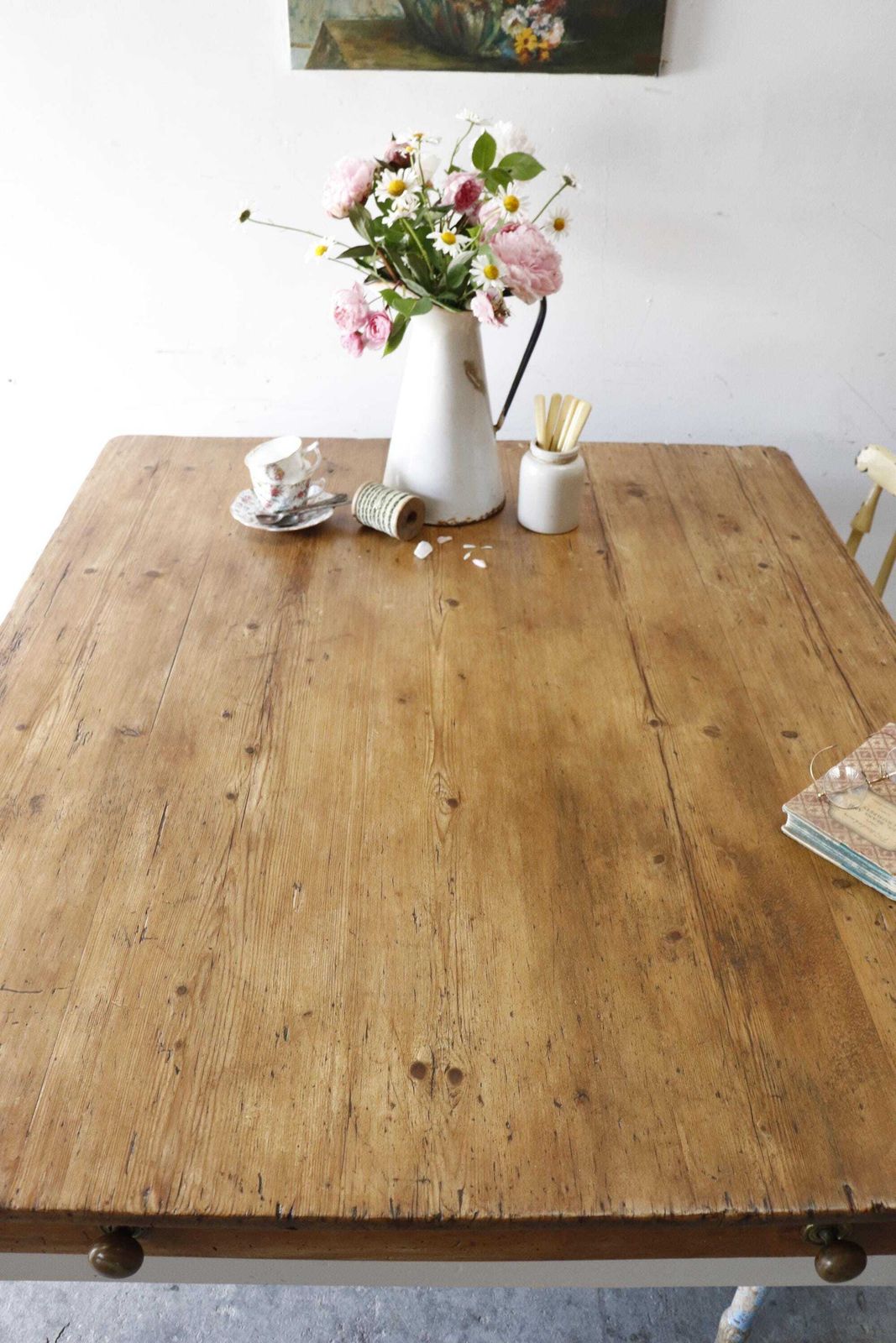 Lovely Large Rustic Pine Farmhouse Cream Painted Kitchen Table With Two Cutlery Drawers photo Furniture