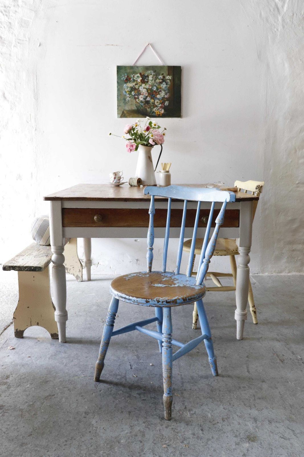 Lovely Spindle Back Victorian Elm Penny Chair With Original Chippy Blue Paint