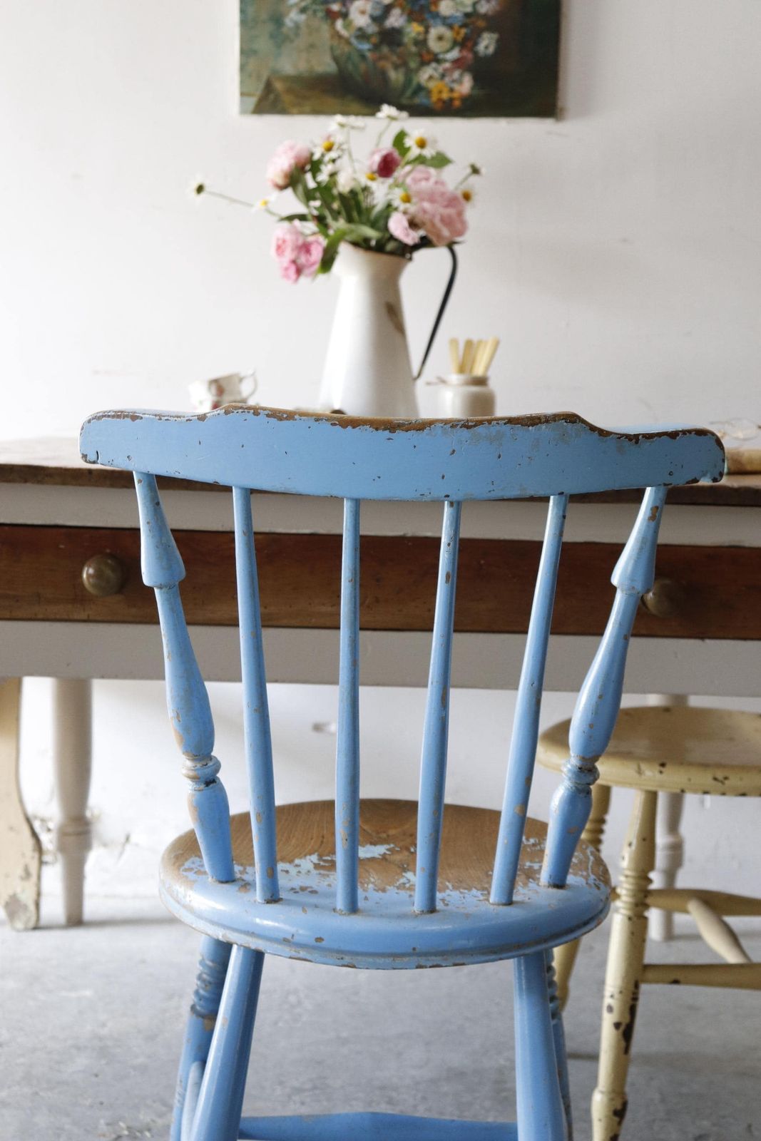 Lovely Spindle Back Victorian Elm Penny Chair With Original Chippy Blue Paint photo Furniture