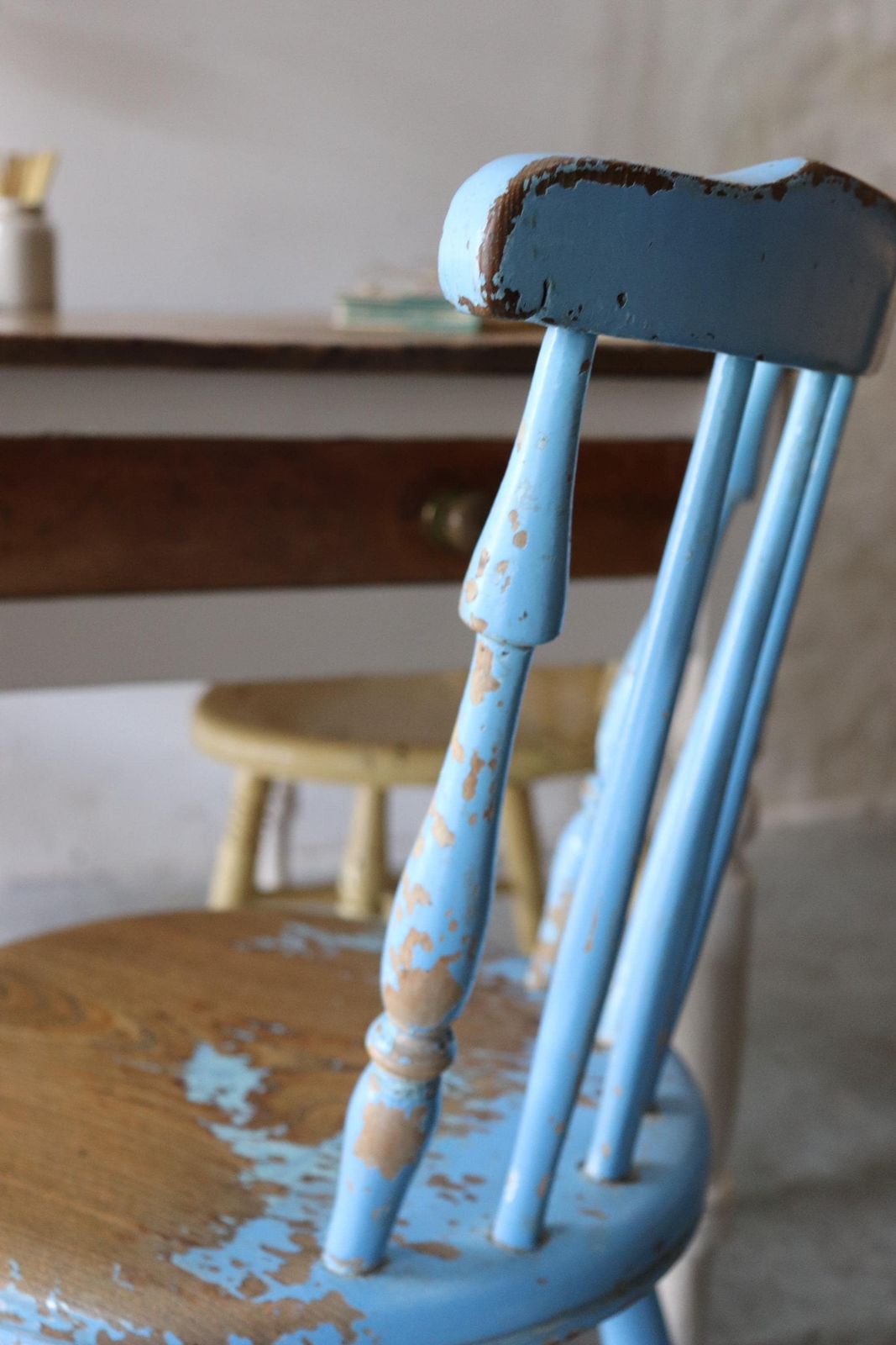 Lovely Spindle Back Victorian Elm Penny Chair With Original Chippy Blue Paint photo buy