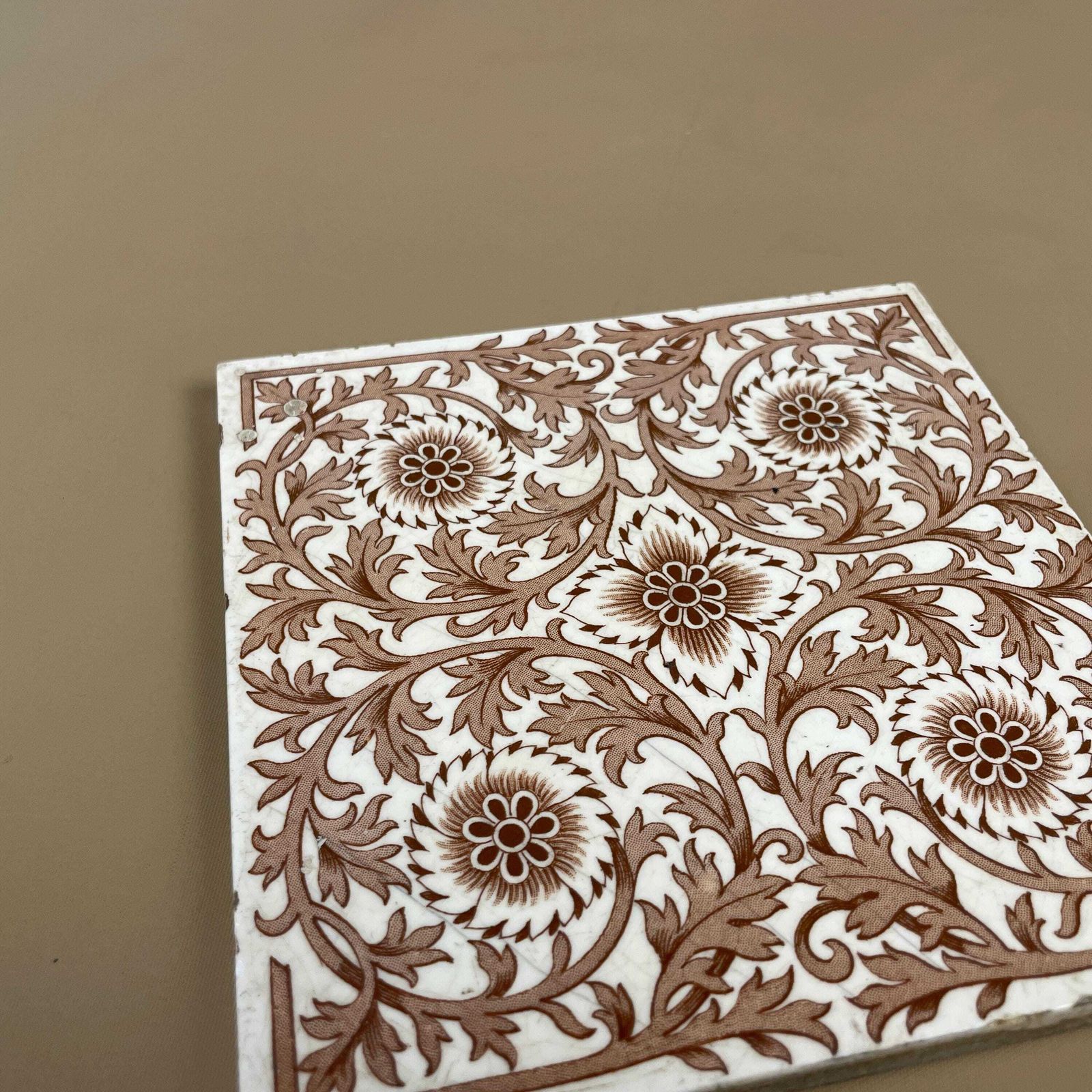 Antique Original Mintons Victorian Tile Ceramic Square Old Pattern Brown & Cream Placemat 15cm Coaster Patterned Decorative Vintage Mat photo vinterior