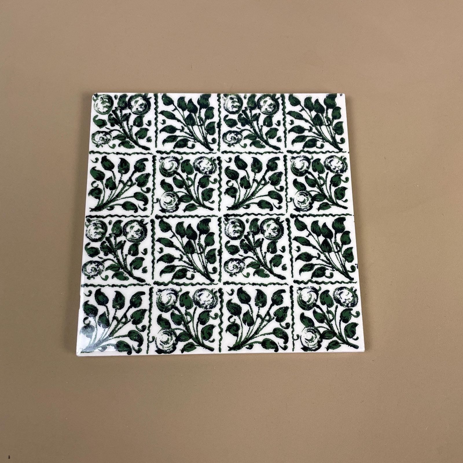 Antique Original Victorian Tile Ceramic Square Green Floral Repeated Pattern Coaster Placemat 15cm Coaster Patterned Decorative Vintage Mat