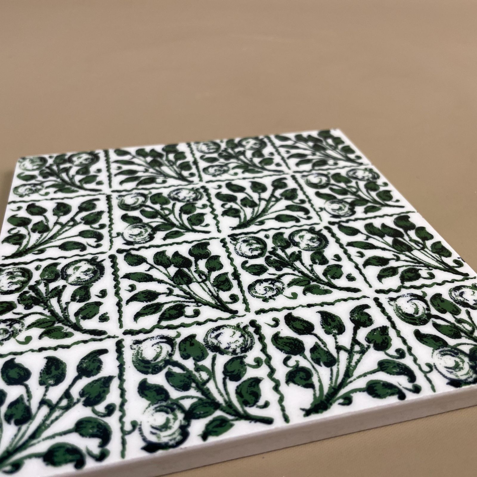 Antique Original Victorian Tile Ceramic Square Green Floral Repeated Pattern Coaster Placemat 15cm Coaster Patterned Decorative Vintage Mat photo Home Fixtures
