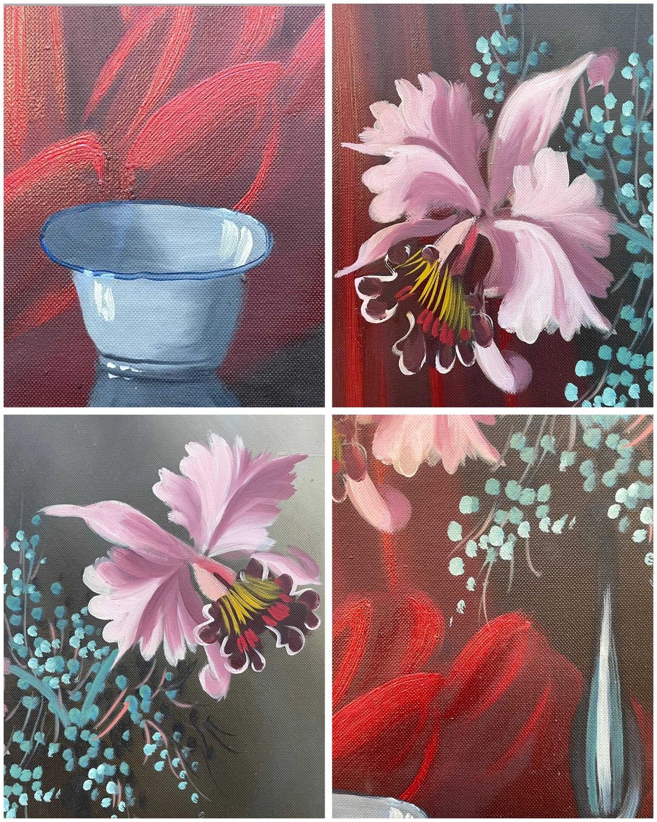 Stunning 1950s Pair Of Still Life Oil Paintings With Flower Motives In Pink And Yellow Colours photo vintage