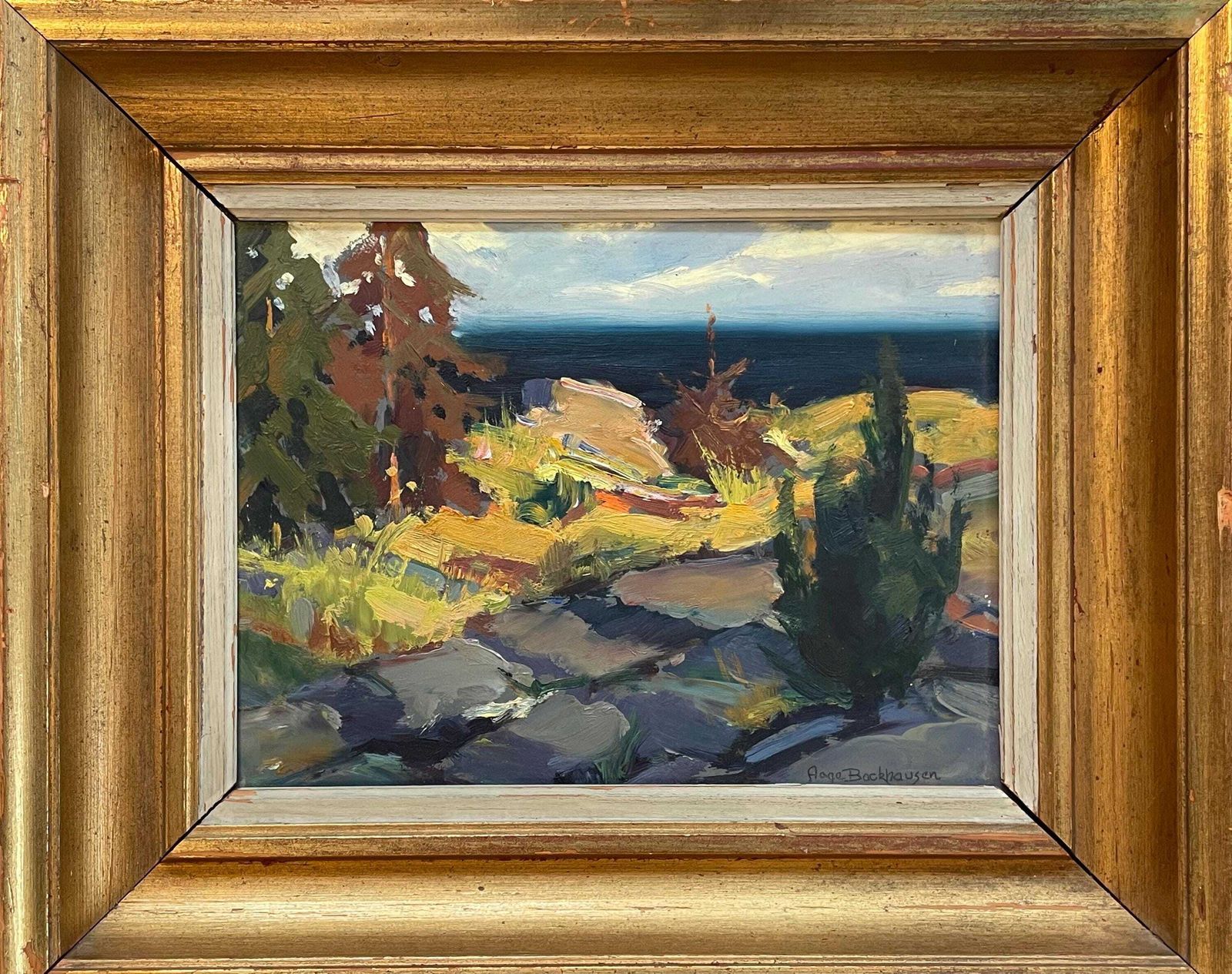 Vintage Mid 20th Century Original Danish Modern Vintage Oil Painting By Aage Backhausen Of Stone Path In A Landscape Setting With Ocean View photo Art
