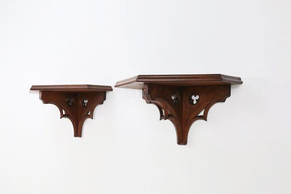 Antique Carved Oak Church Wall Consoles, 1850, Set Of 2 photo vintage