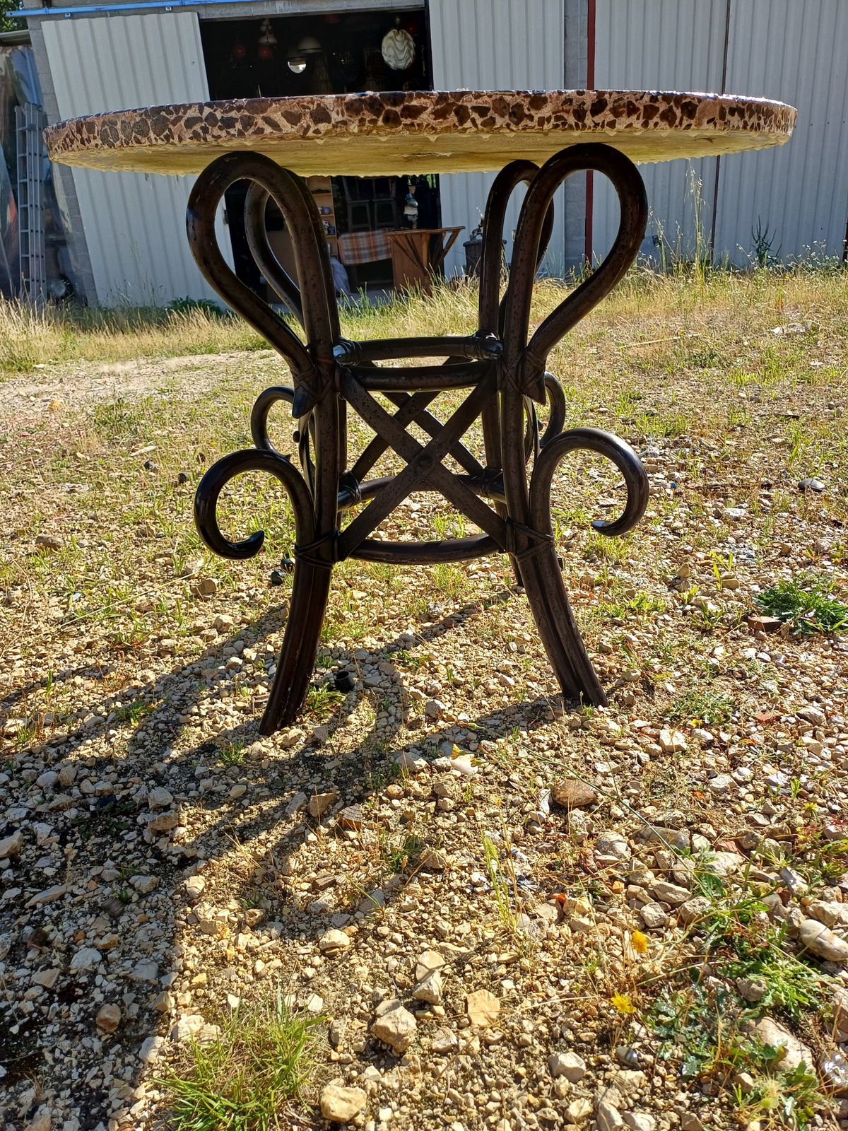 Furniture Vintage Rattan Table With Cement And Reconstituted Stone Top photo