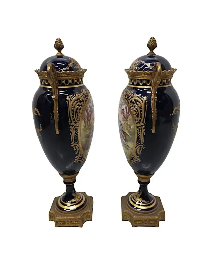A Very Fine Pair Of 19th Century Hand Painted Sevres Style Lidded Urns photo 3367.3064