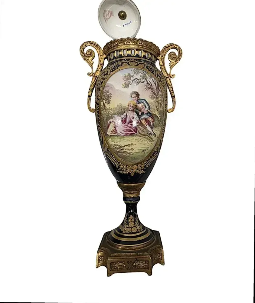 A Very Fine Pair Of 19th Century Hand Painted Sevres Style Lidded Urns photo vintage
