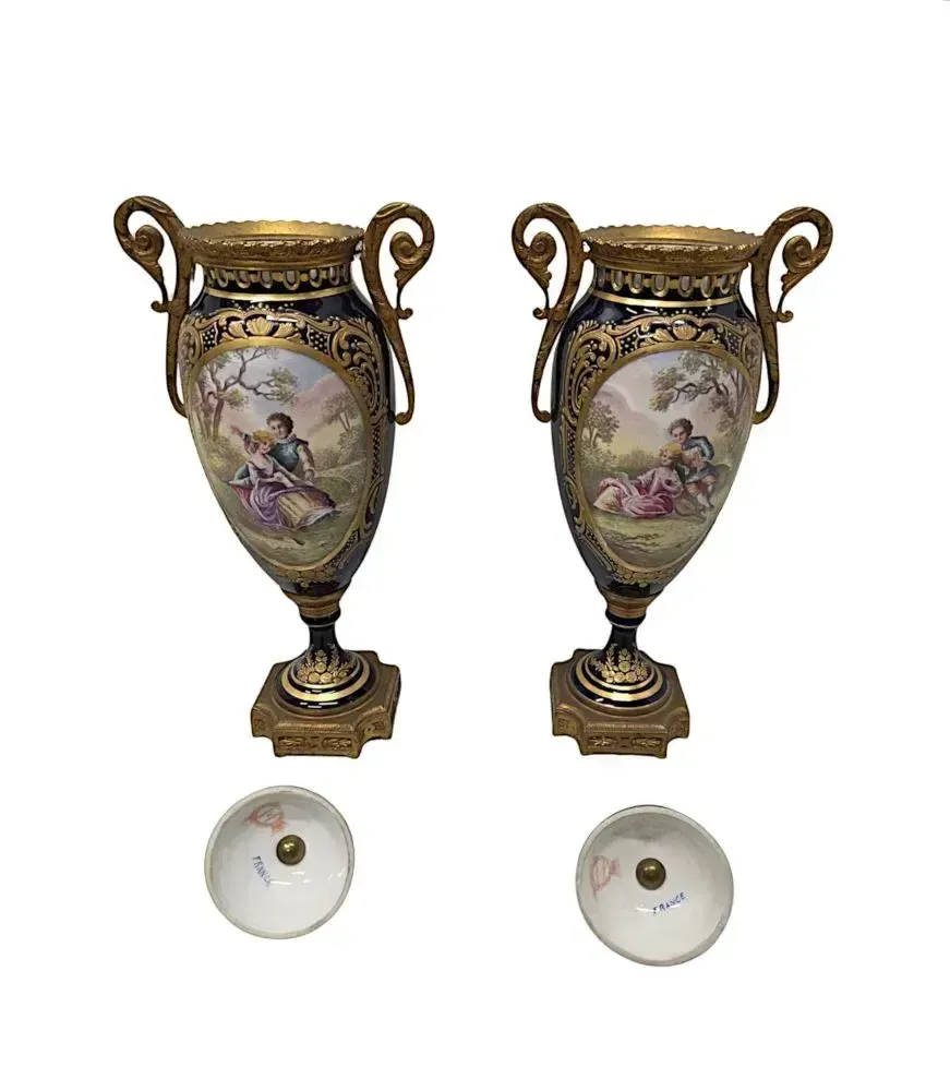 photo furniture A Very Fine Pair Of 19th Century Hand Painted Sevres Style Lidded Urns