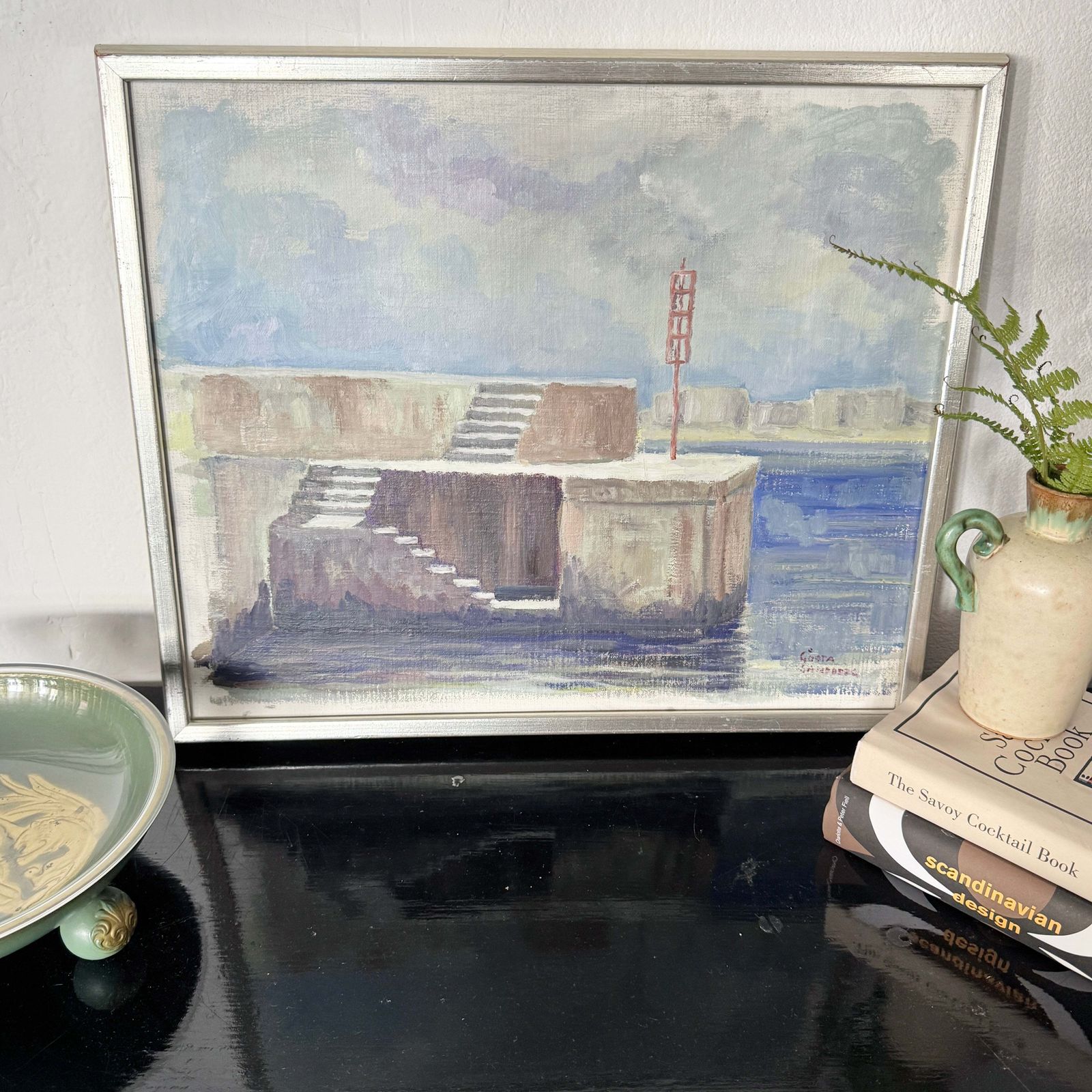 Havenpier In Numana, Italië. Vintage Zweeds Olieverfschilderij. photo vinterior