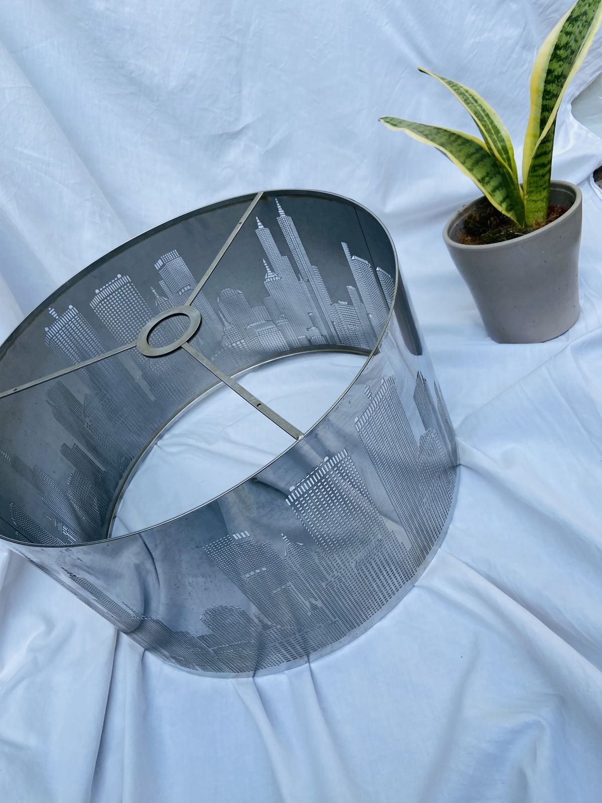 Gorgeous Vintage City New York Skyscrapers Steel Metal Mesh Lamp Shade In Silver In Good Condition From USA
