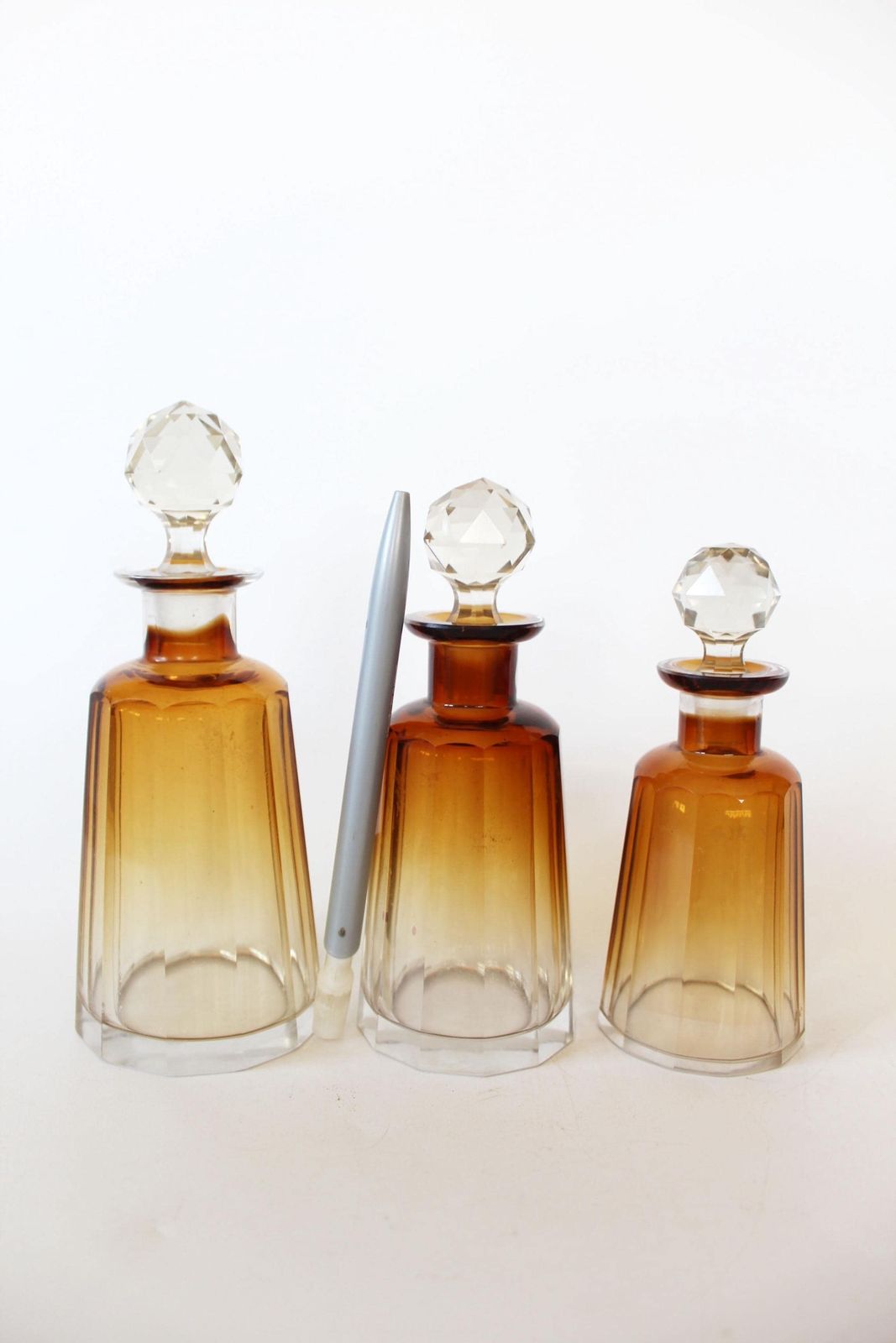 Set Of 3 French Antique C1930 Crystal Perfume Bottles, Art Deco Gradient Dark Amber To Clear, Faceted Cut, Art Glass, Unsigned photo 86.0
