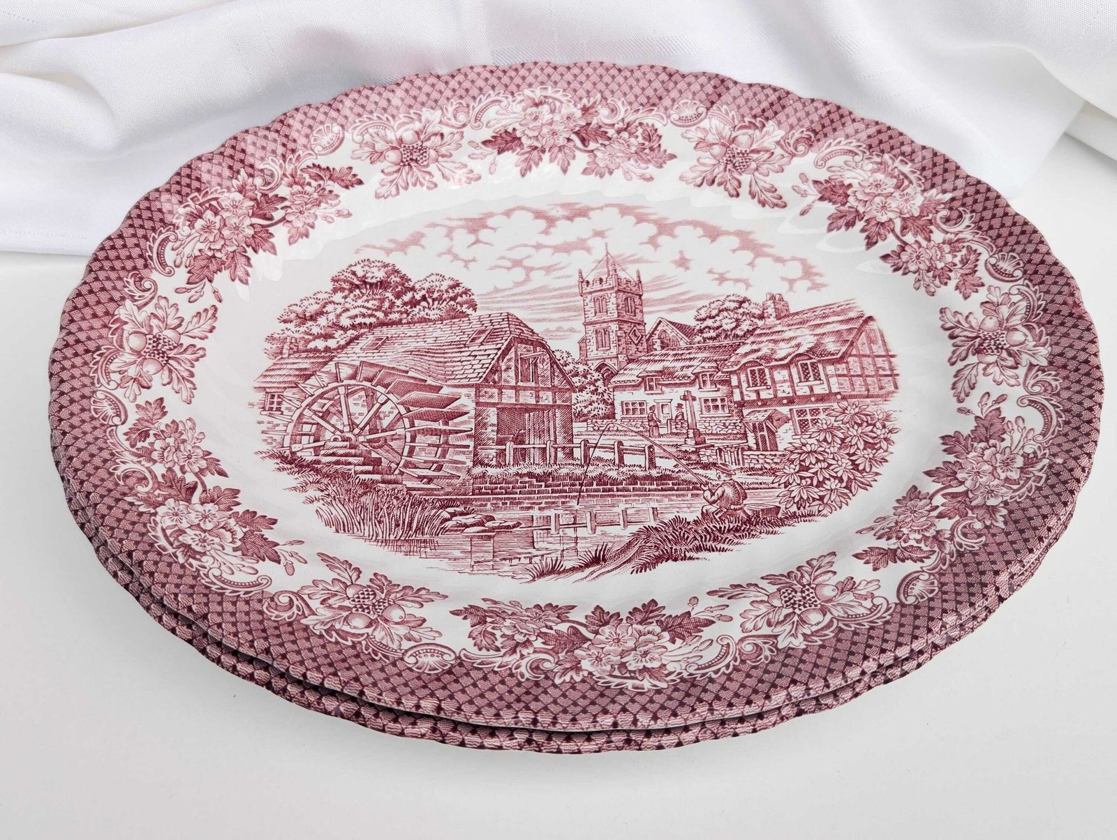 Pair Of Vintage Ironstone Merrie Old England Pink And White Transferware Fluted Platters #124 photo buy