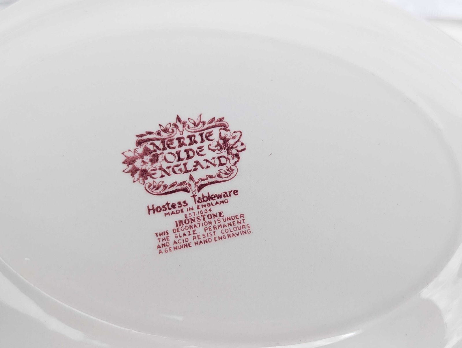 photo for sale Pair Of Vintage Ironstone Merrie Old England Pink And White Transferware Fluted Platters #124
