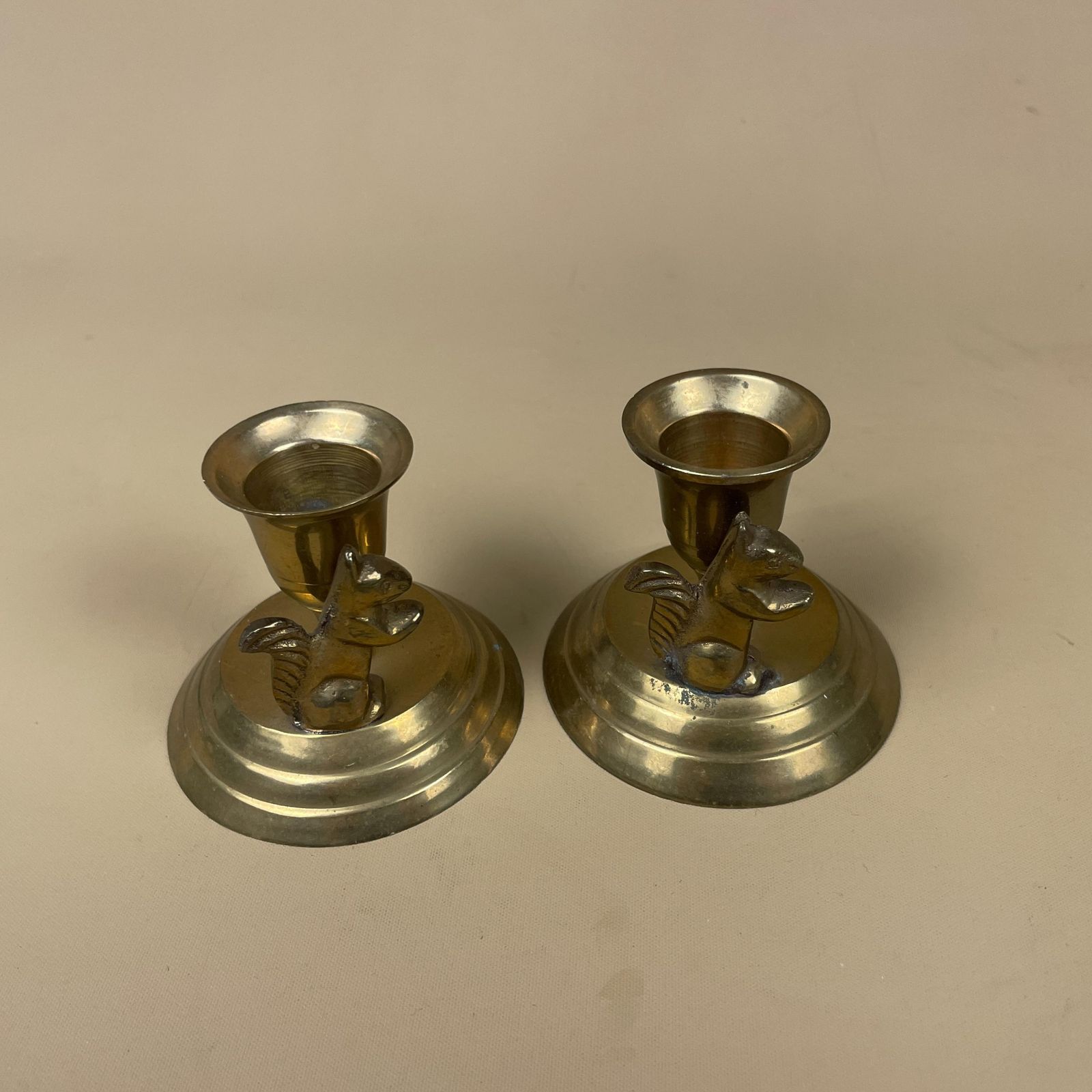 Antique Matching Pair Of Gold Brass Metal Squirrel Candlestick Candle Stick Vintage Round Base Taper Dinner Candlesticks photo for sale