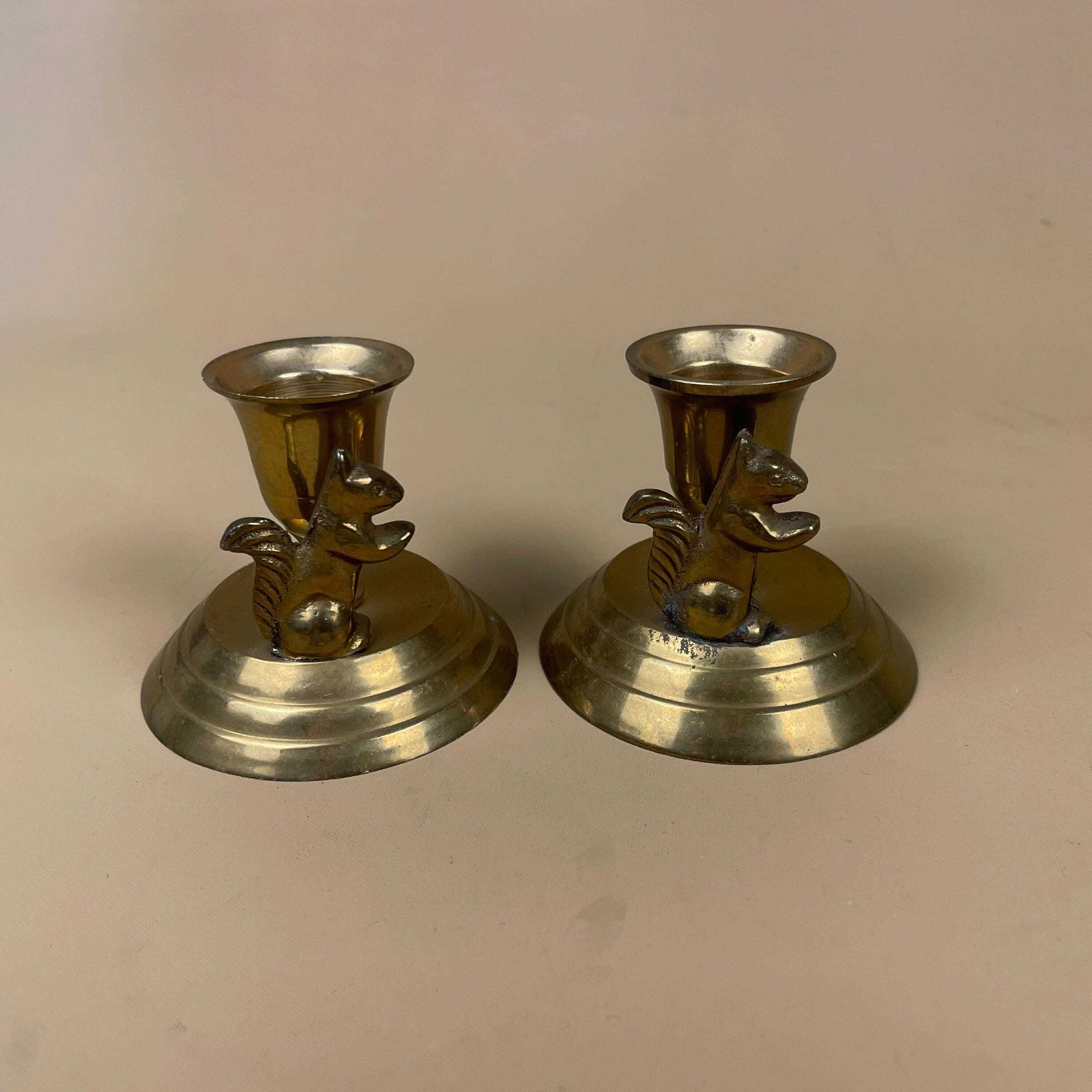 Antique Matching Pair Of Gold Brass Metal Squirrel Candlestick Candle Stick Vintage Round Base Taper Dinner Candlesticks photo Home Decor