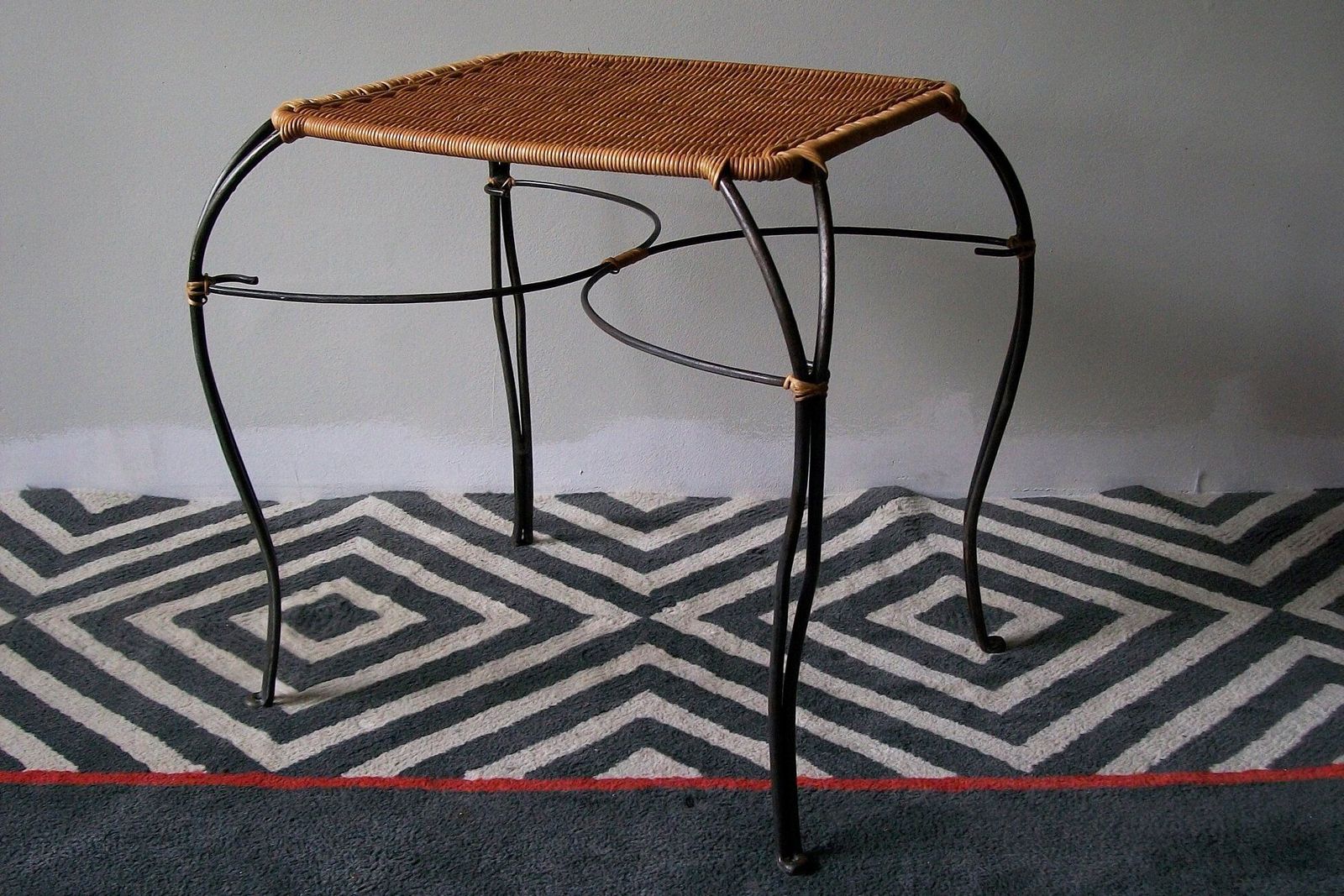 photo furniture Vintage Scandinavian Rattan And Black Metal Wine Table Or Side Table