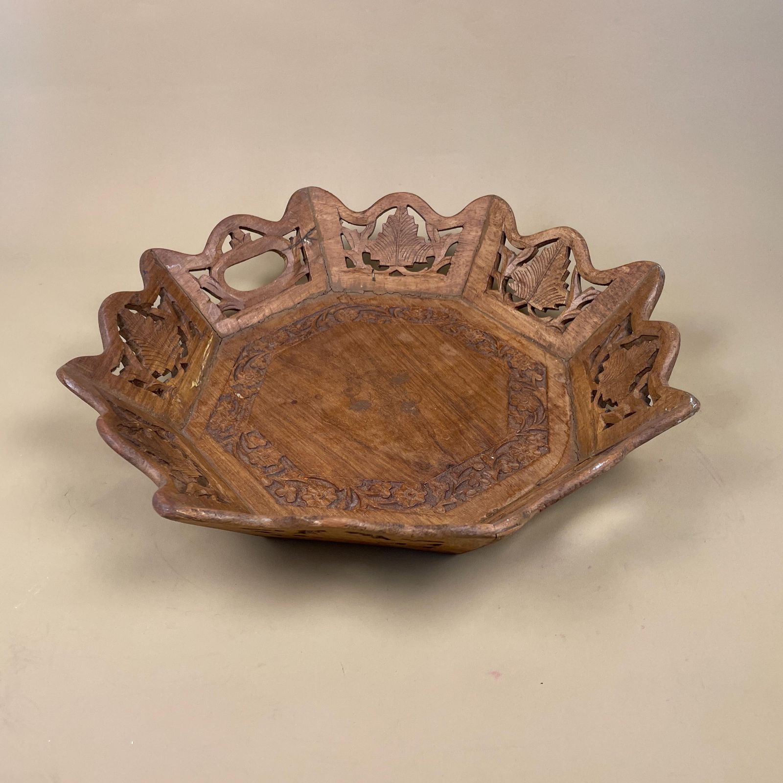 Antique Wooden Octagon Tray Rounded Edges Display Bowl Wood Hand Carved Intricate Detail Leaf Pattern Floral Cut Out Display 1970's photo furniture