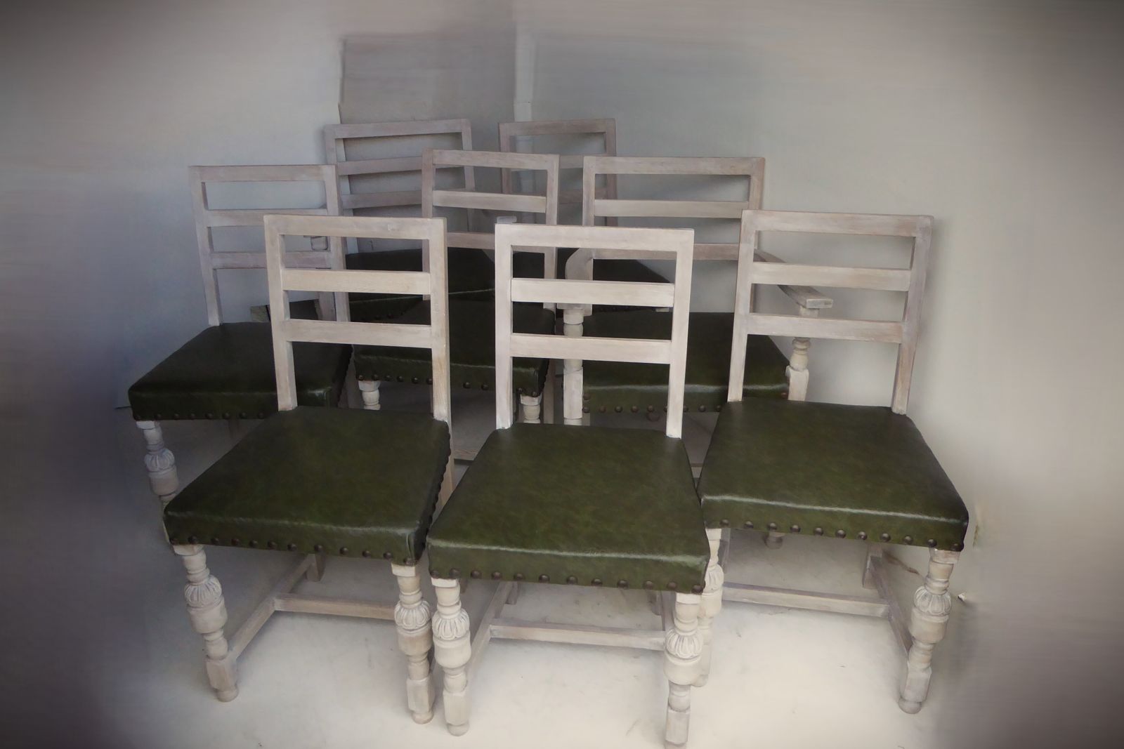 Set Of Eight Rare Green Seats Ladderback Solid Oak Antique  Dining Chairs photo Furniture