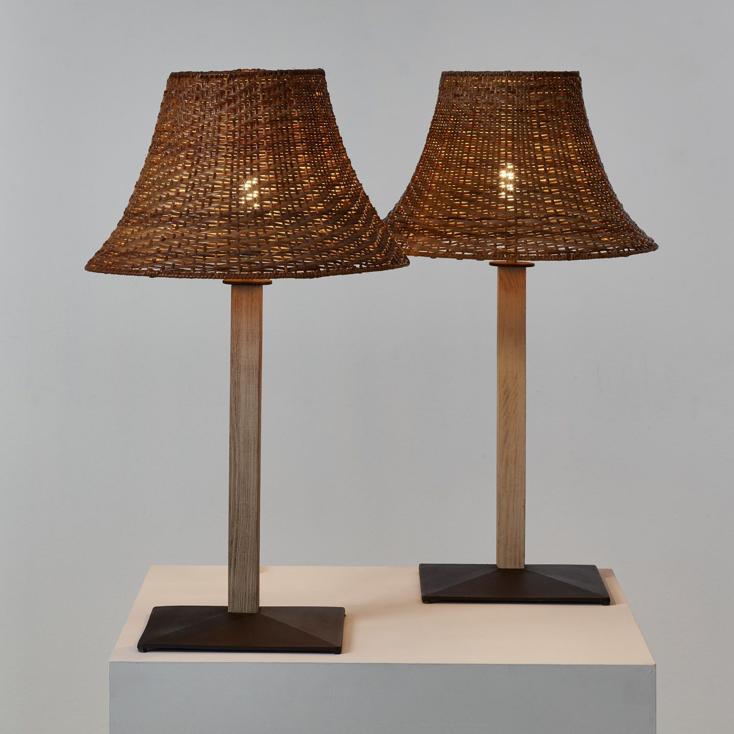 Pair Of Wicker, Wood And Metal Table Lamps photo for sale