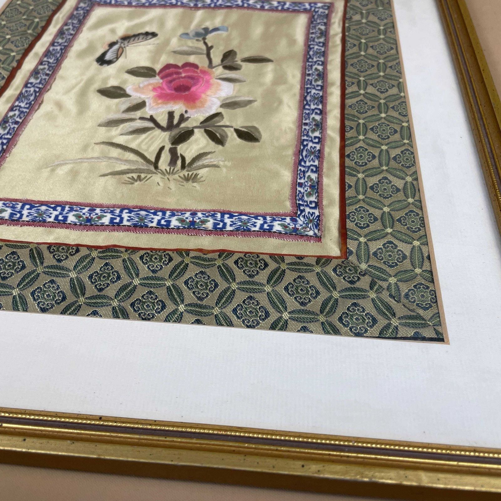 Oriental Embroidered Silk Floral Butterfly Art Artwork Green Pink Picture Gold Frame Chinese Asian Fabric Antique Original photo for sale