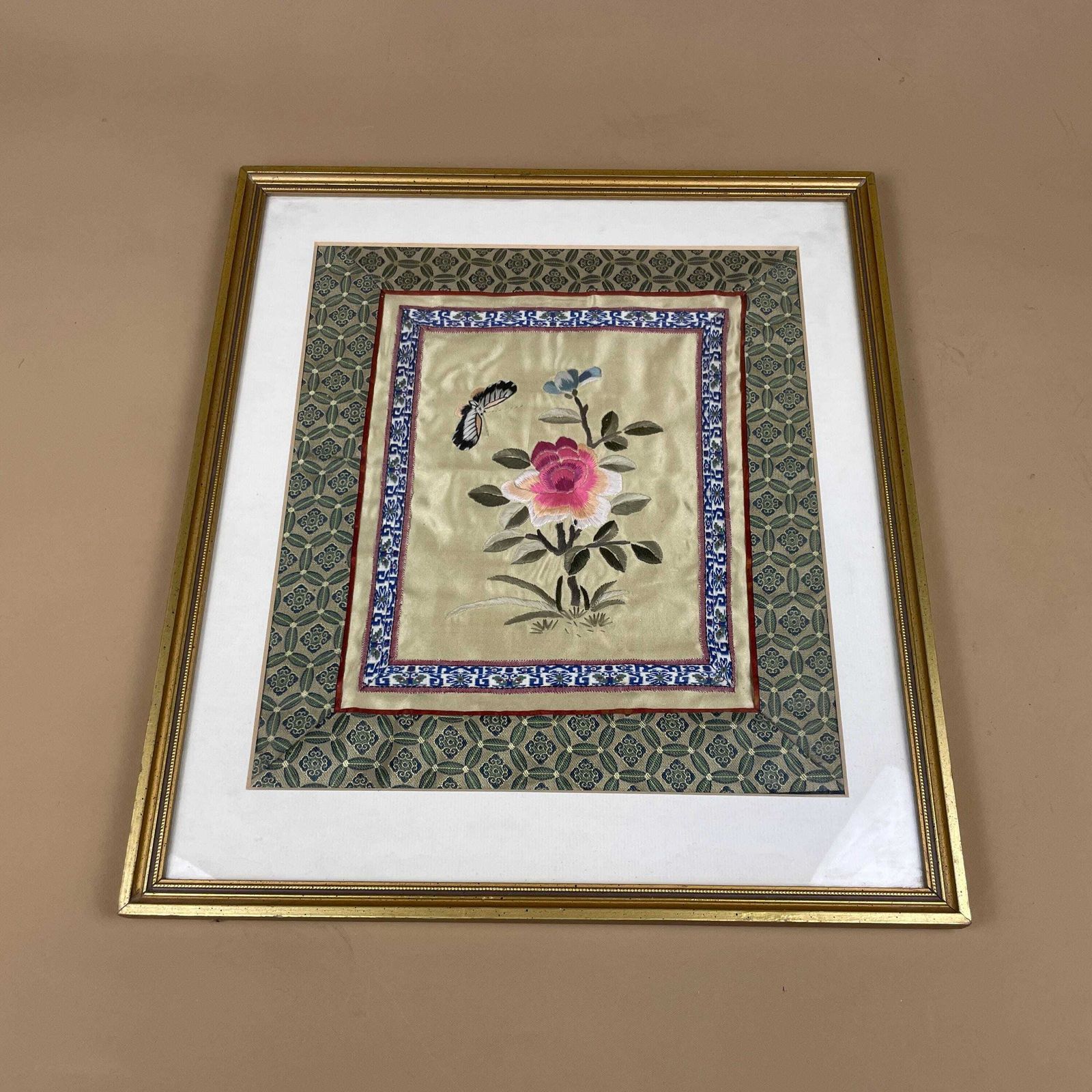 Oriental Embroidered Silk Floral Butterfly Art Artwork Green Pink Picture Gold Frame Chinese Asian Fabric Antique Original photo buy