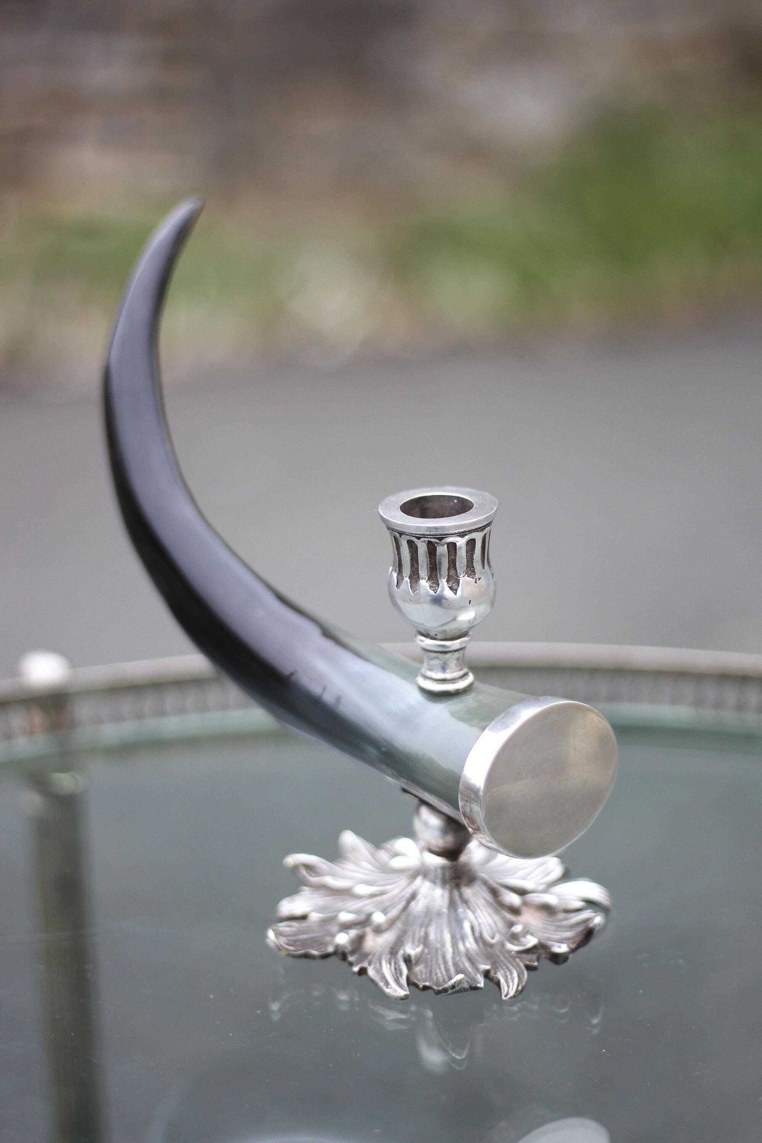 Candlestick Signed Alice Joly, Horn And Silver Metal Candlestick, Candle Holder, Interior Decoration, Curiosity, 50's photo for sale