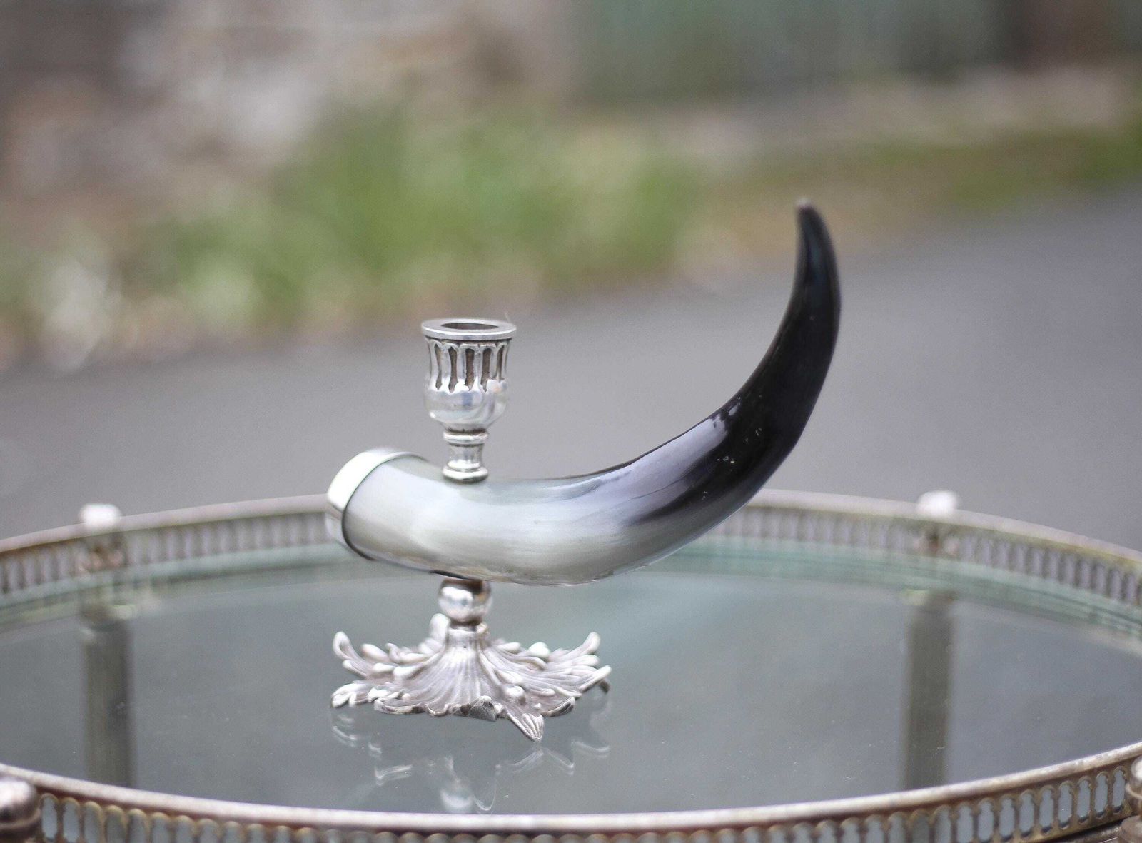 Candlestick Signed Alice Joly, Horn And Silver Metal Candlestick, Candle Holder, Interior Decoration, Curiosity, 50's photo Home Decor