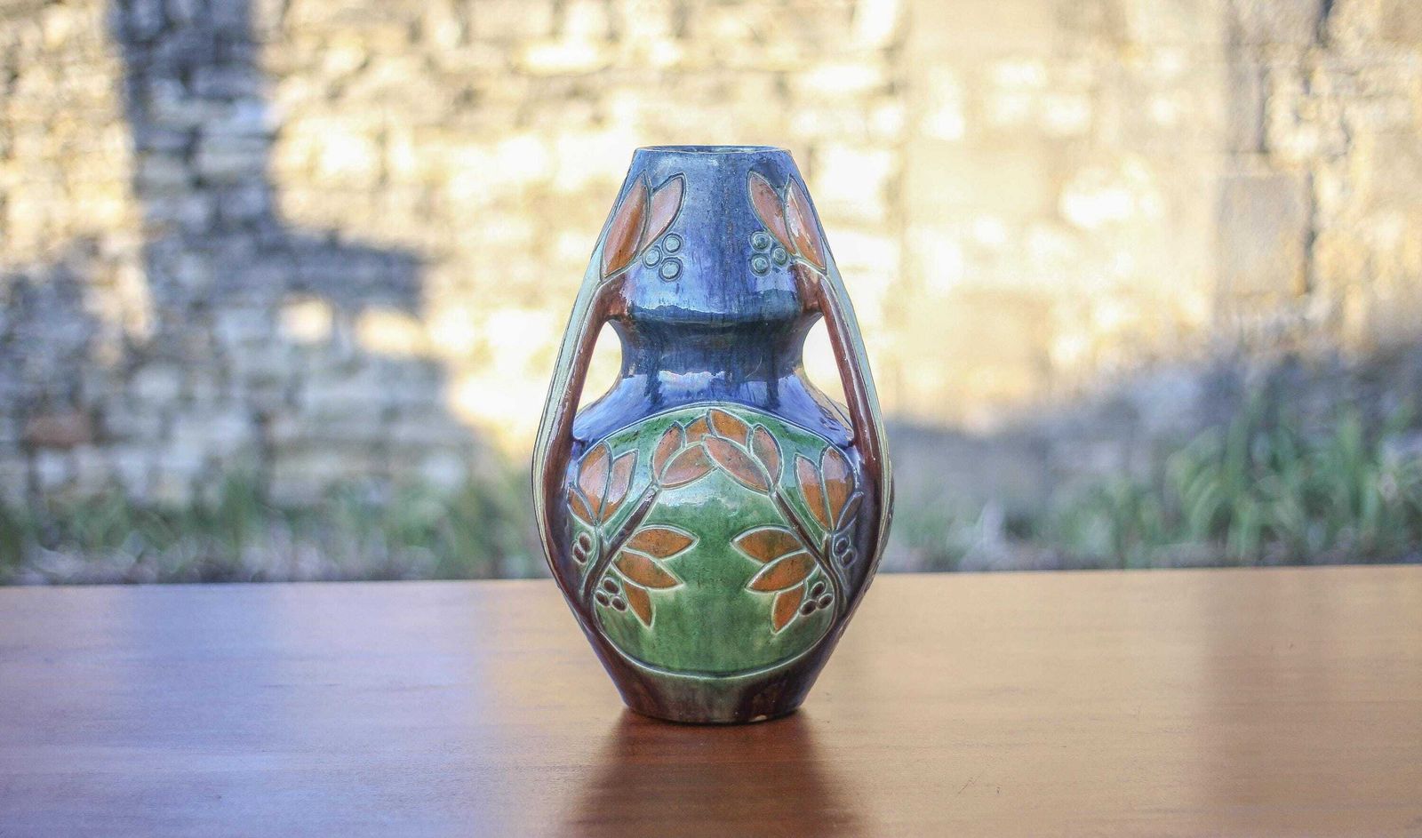 Large Art Deco Vase, Enamelled Terracotta Vase With Floral Motifs, Vase With Tripod Handles, Collection