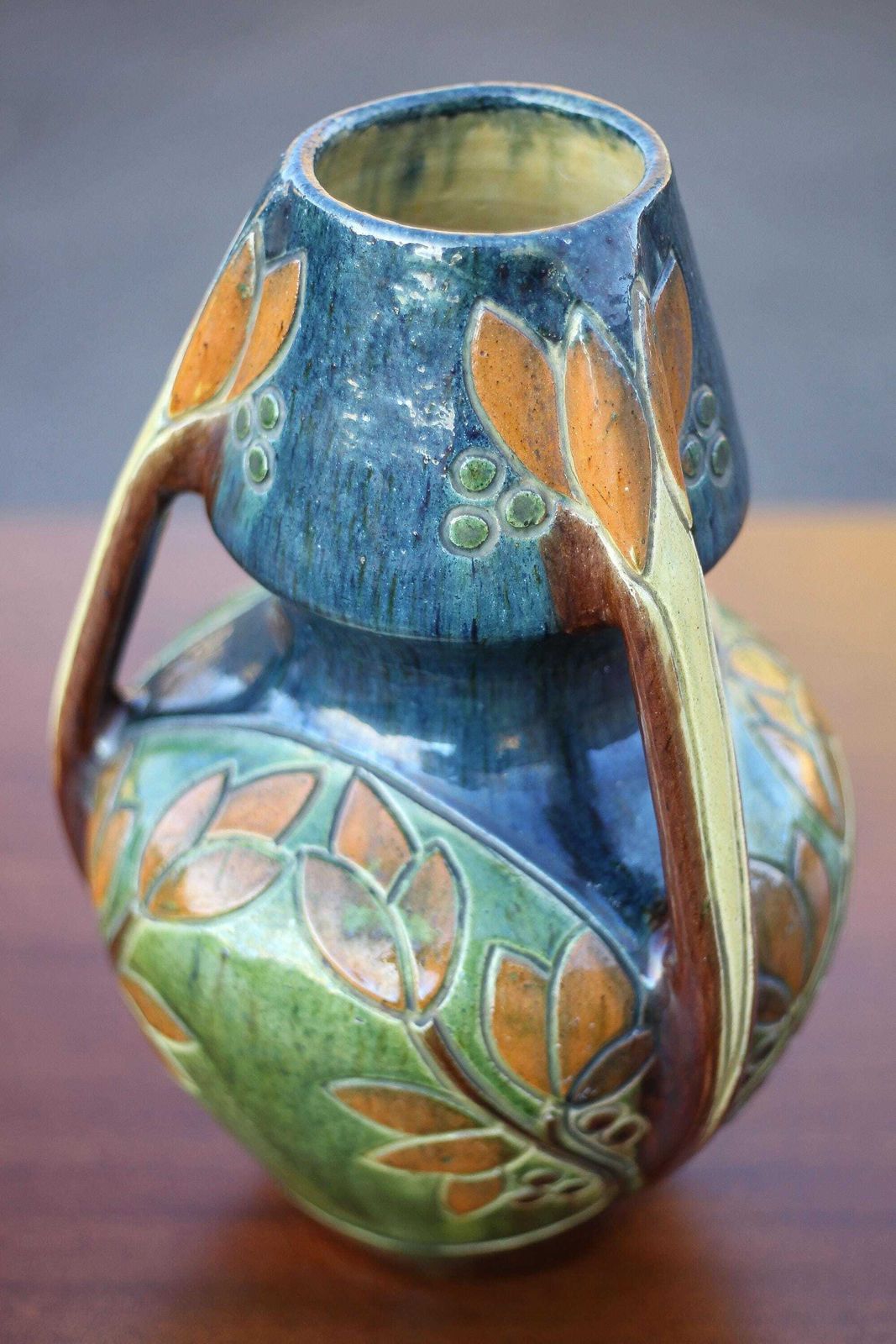Large Art Deco Vase, Enamelled Terracotta Vase With Floral Motifs, Vase With Tripod Handles, Collection photo buy