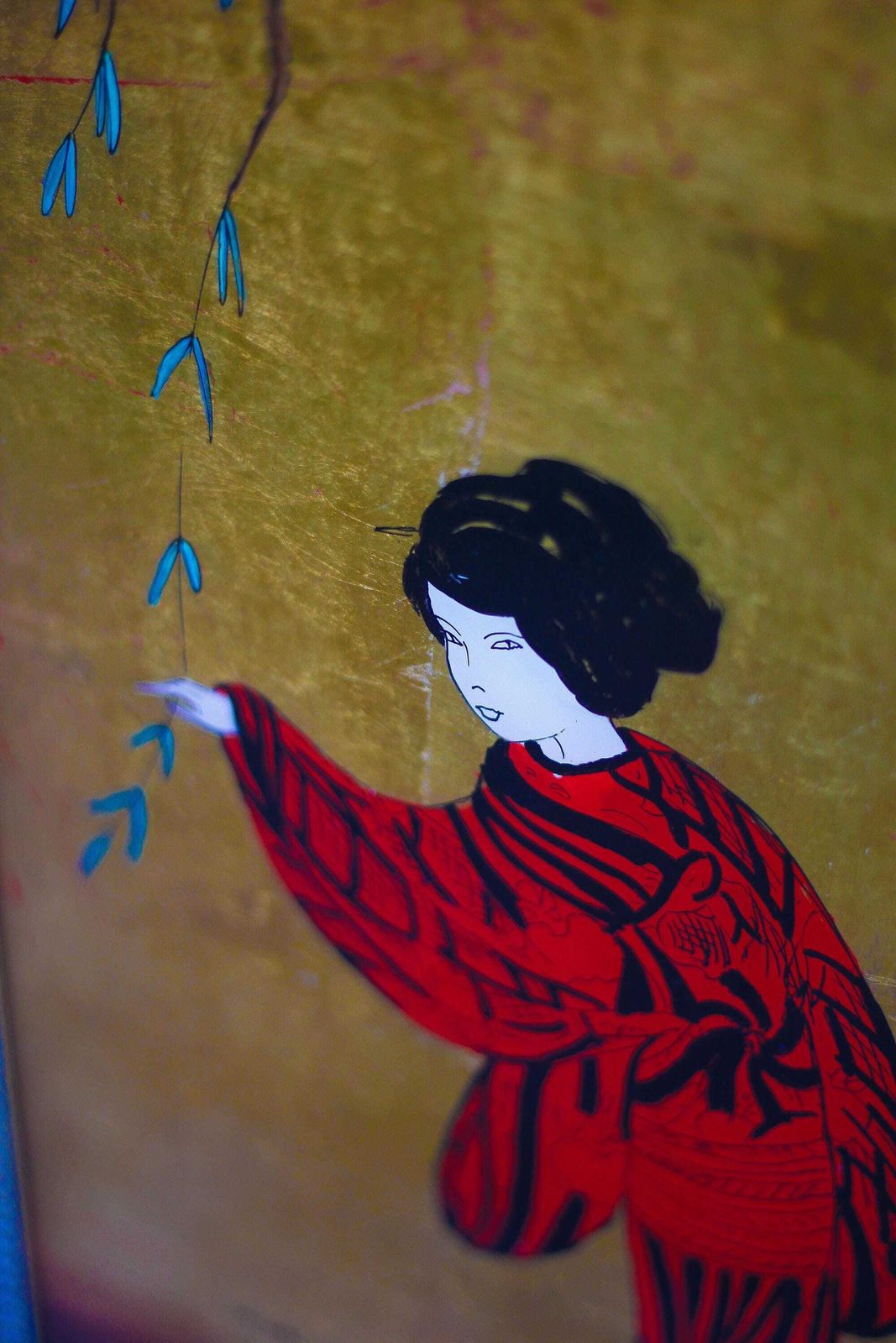 Painting Signed Zeller Michel, Wall Framed, Lacquer And Gold Leaf, Asian Geisha Motif, Collection photo for sale