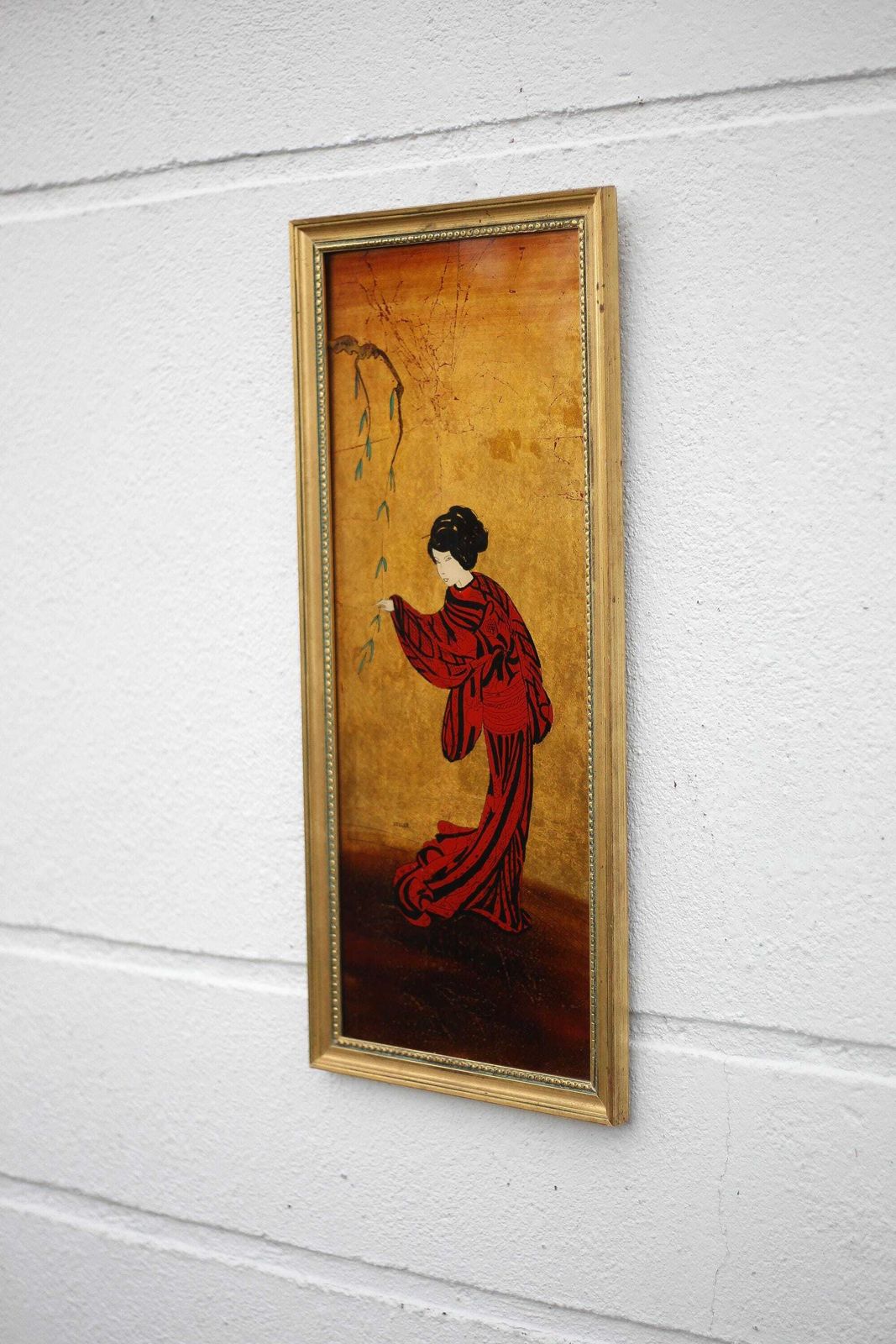 Painting Signed Zeller Michel, Wall Framed, Lacquer And Gold Leaf, Asian Geisha Motif, Collection photo 268.0