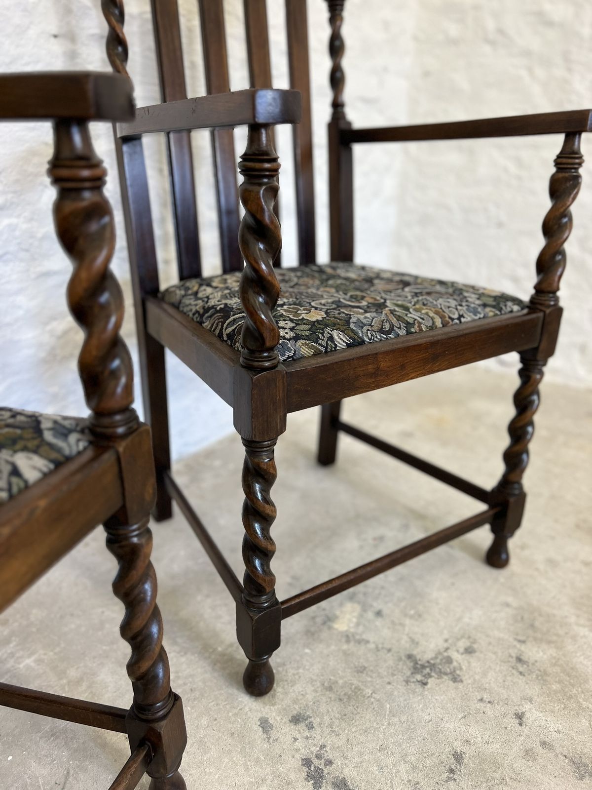 photo for sale Antique Pair Of Victorian Edwardian Oak Barley Twist Armchairs Ocassional Chairs