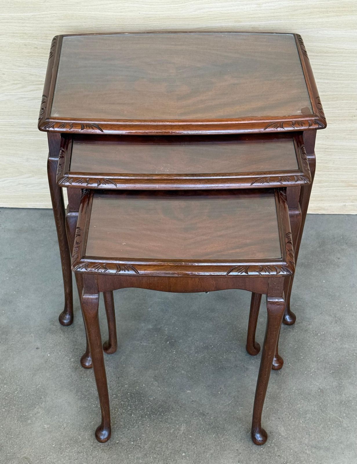 Set Of Three Mahogany Nesting Tables With Glass Top photo 1645.0