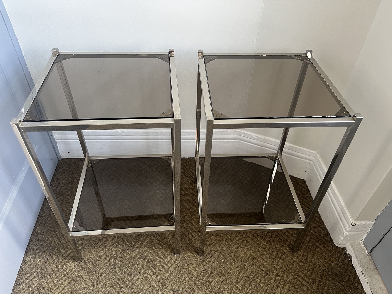 Pair Of Modernist Chrome & Smoked Glass Two Tier Side Tables Circa 1970 photo 325.0
