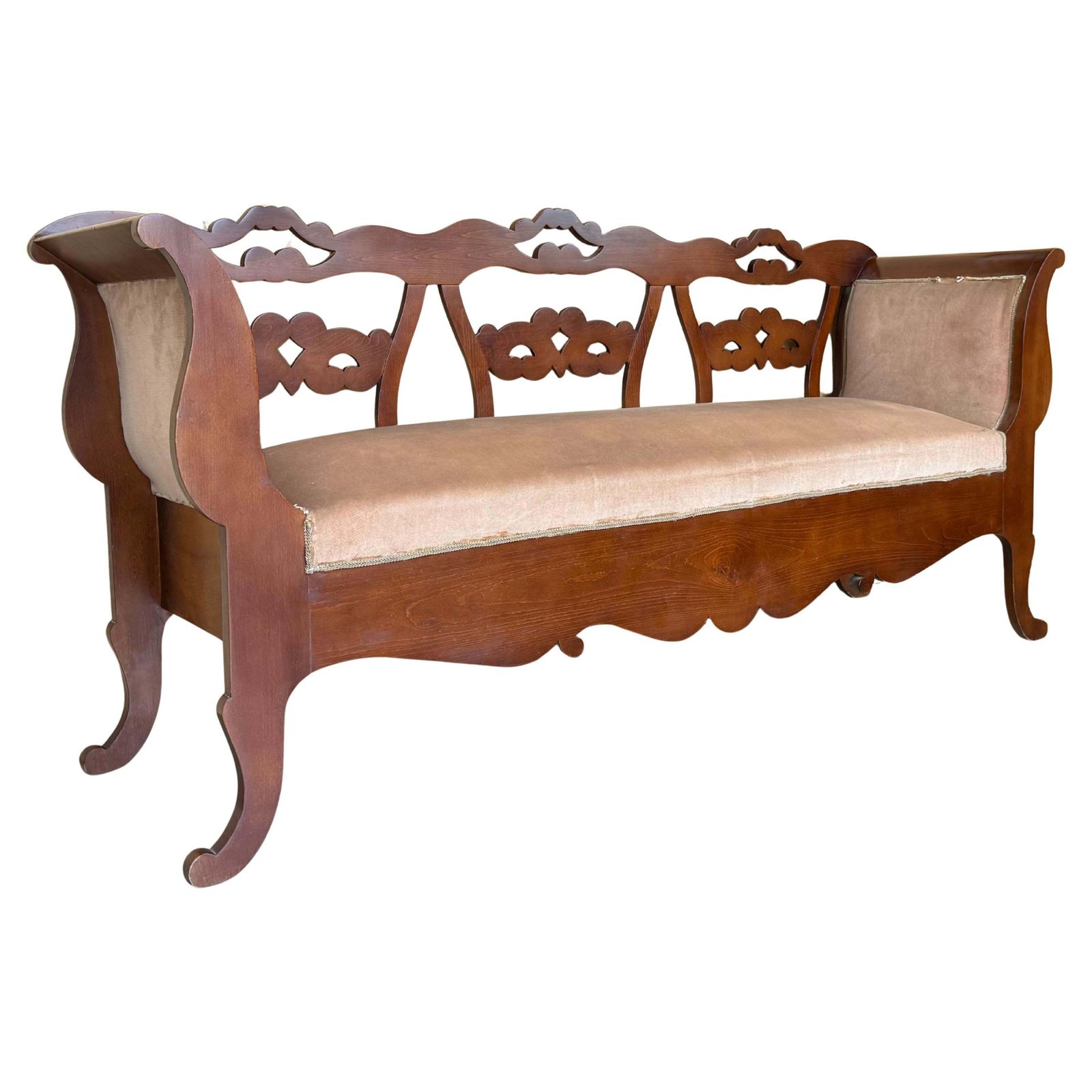 20th Century Catalan Bench In Walnut With Caned Seat