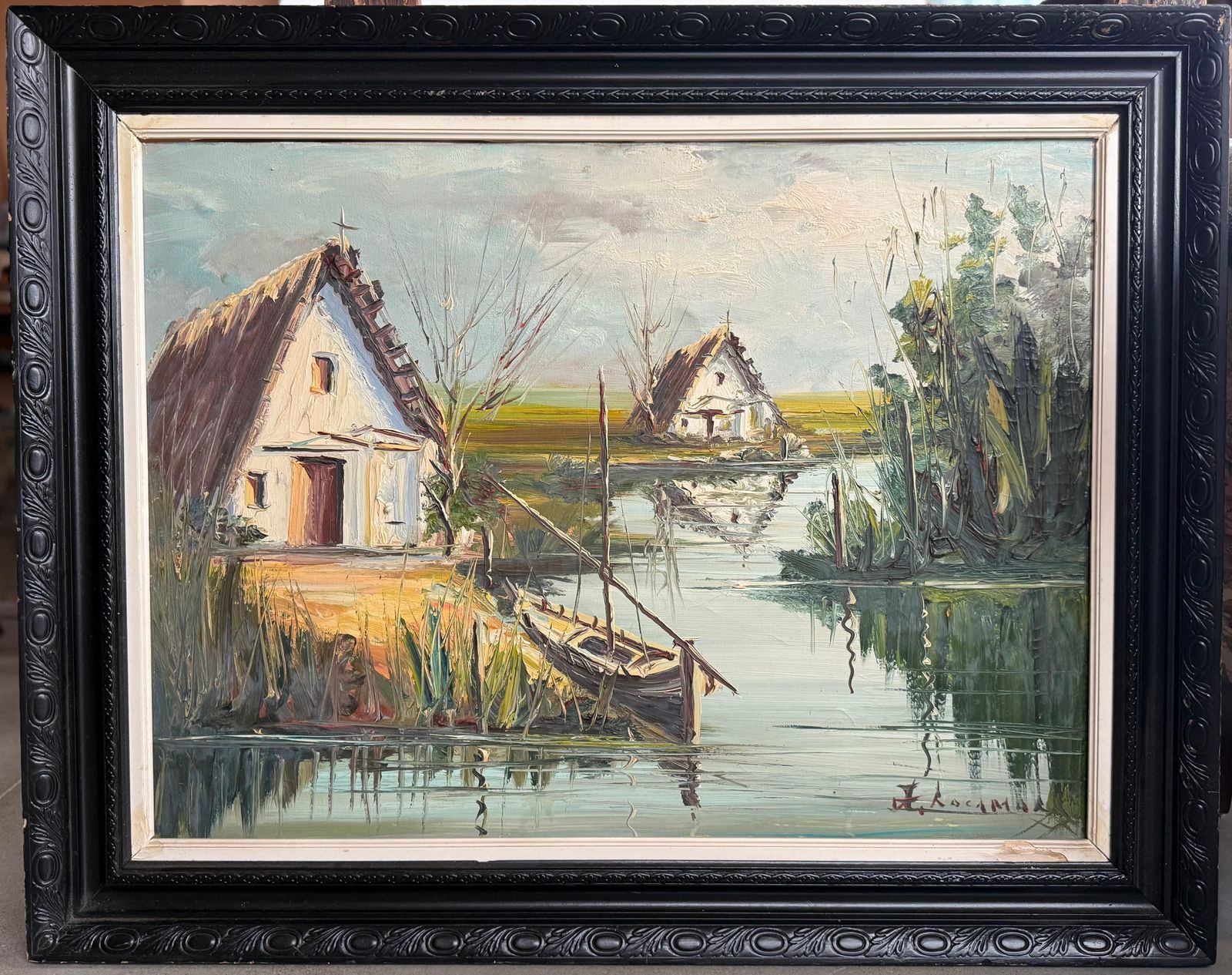 Peinture à l'huile sur toile, paysage avec cabane, Méditerranée espagnole, Rocamora photo furniture