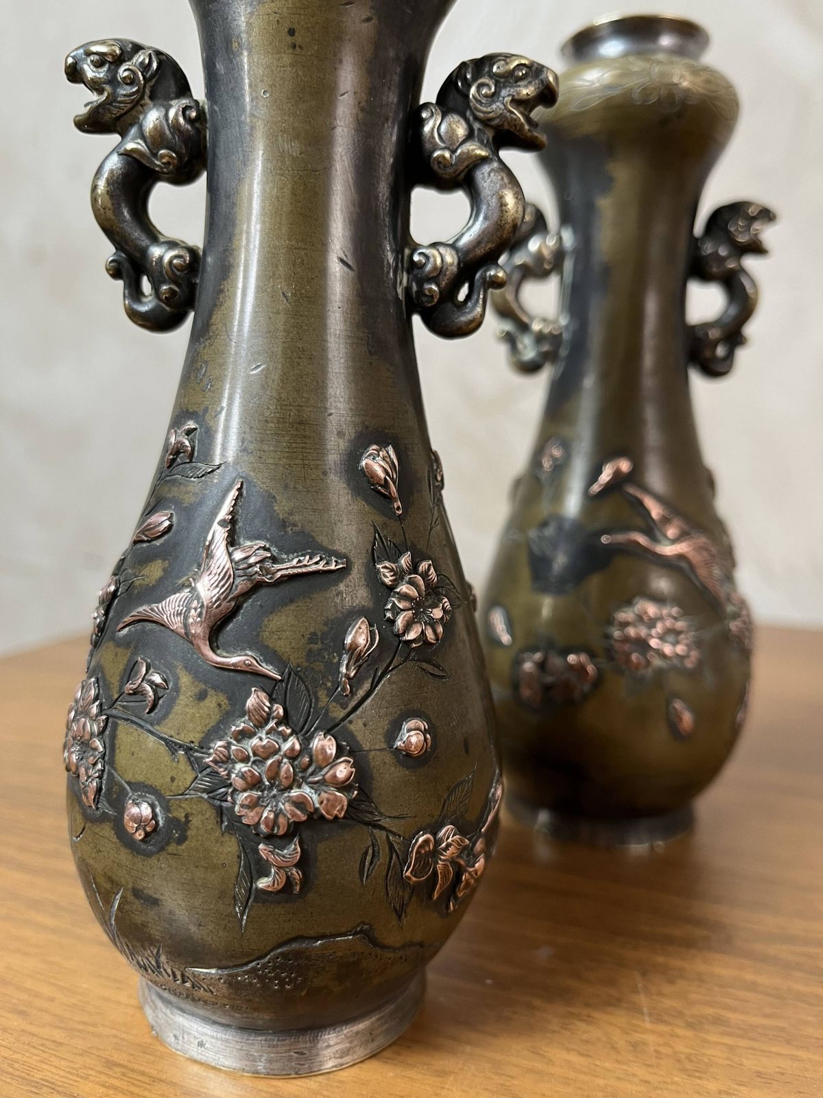 Pair Of Bronze Vases   Asian Motifs In Relief In Copper photo vintage