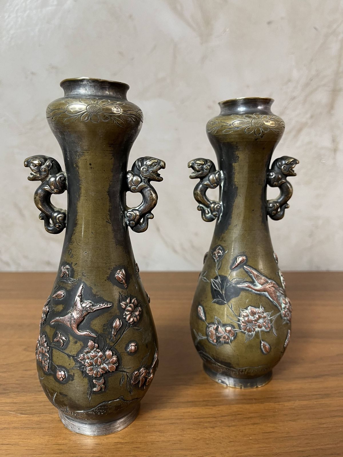 Home Decor Pair Of Bronze Vases   Asian Motifs In Relief In Copper photo