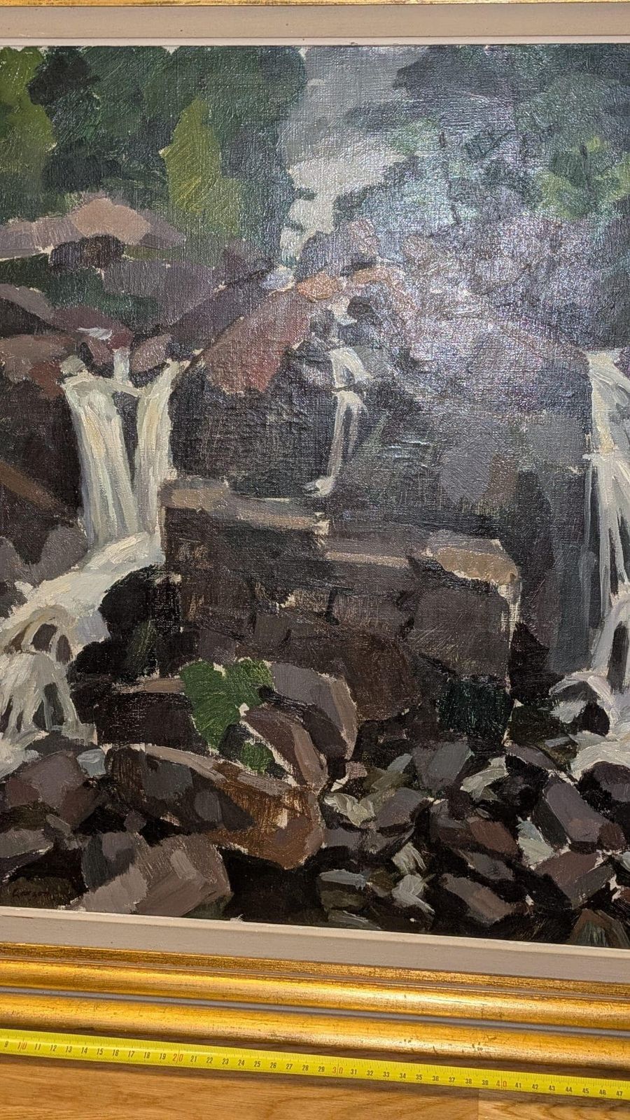Mid Century Original Scandinavian Oil On Canvas "Cubist Waterfall" – Larson – Vintage, 58 X 68 Cm / 22.8 X 26.8 In photo for sale