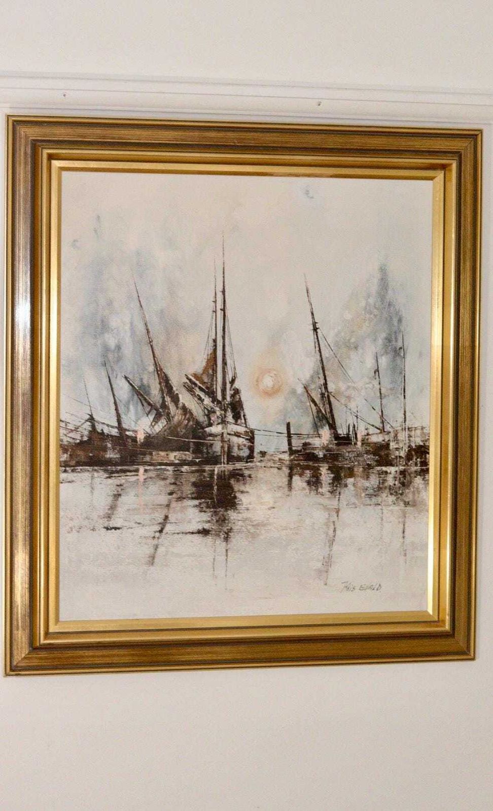 Mid Century Original Swedish Oil On Canvas "Boats" – Kris Ewald – Vintage & Framed, 81 X 72 Cm / 31.9 X 28.3 In