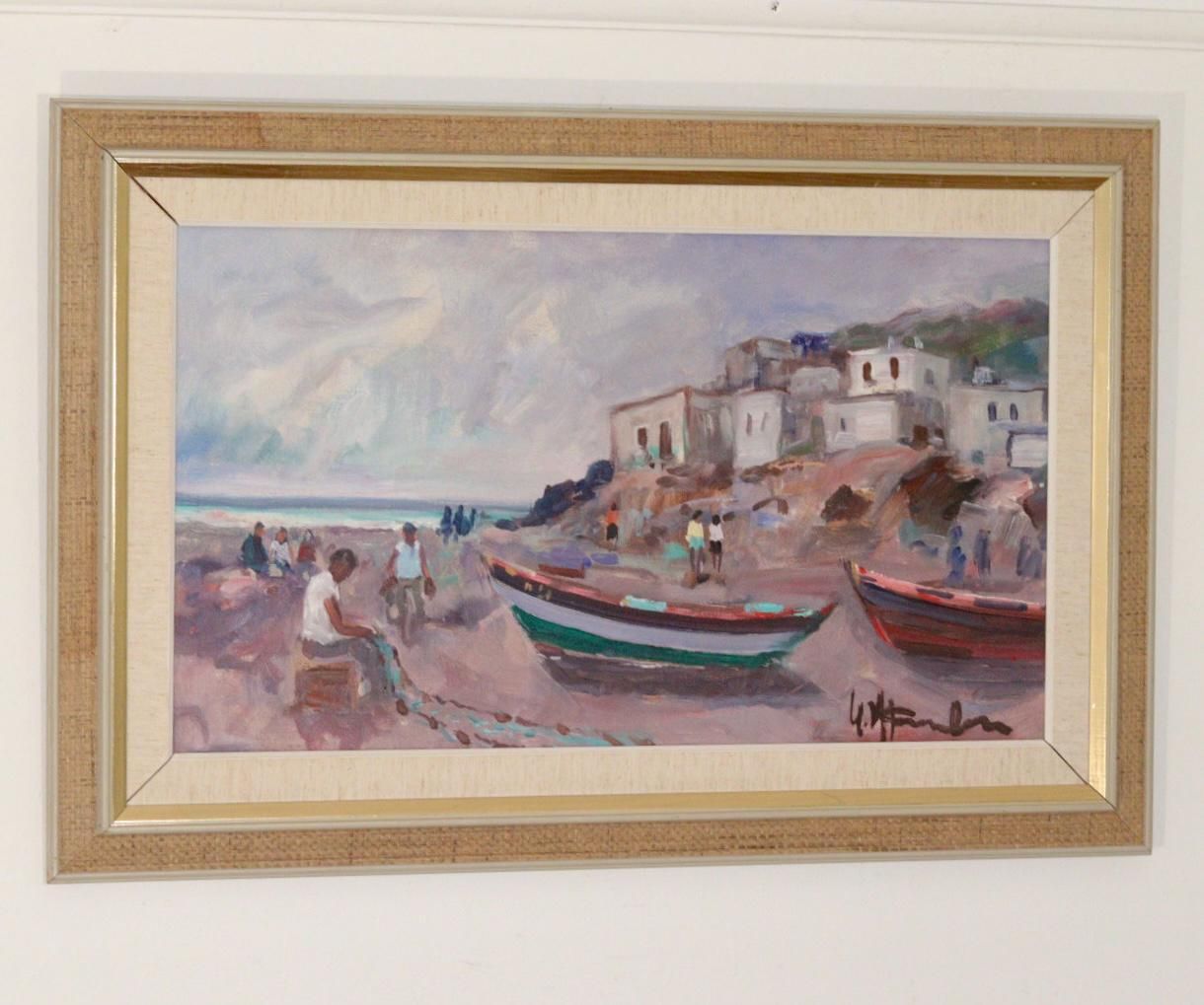 Mid Century Original Swedish Oil On Canvas "Mediterranean"   Vintage & Framed, 83 X 54 Cm / 32.7 X 21.3 In photo vintage
