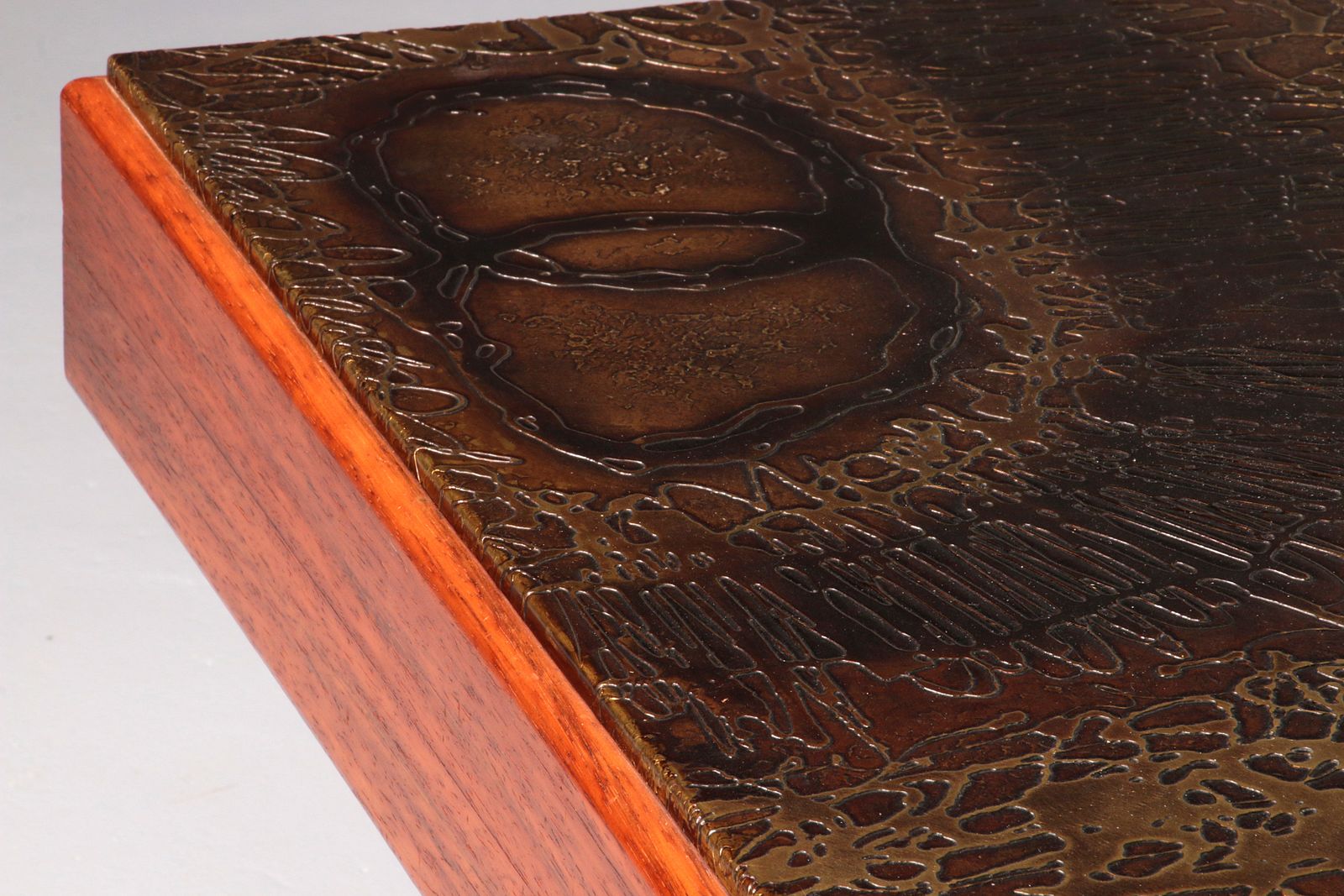 Furniture Brutalist Coffee Table With Copper Top And Wooden Base photo
