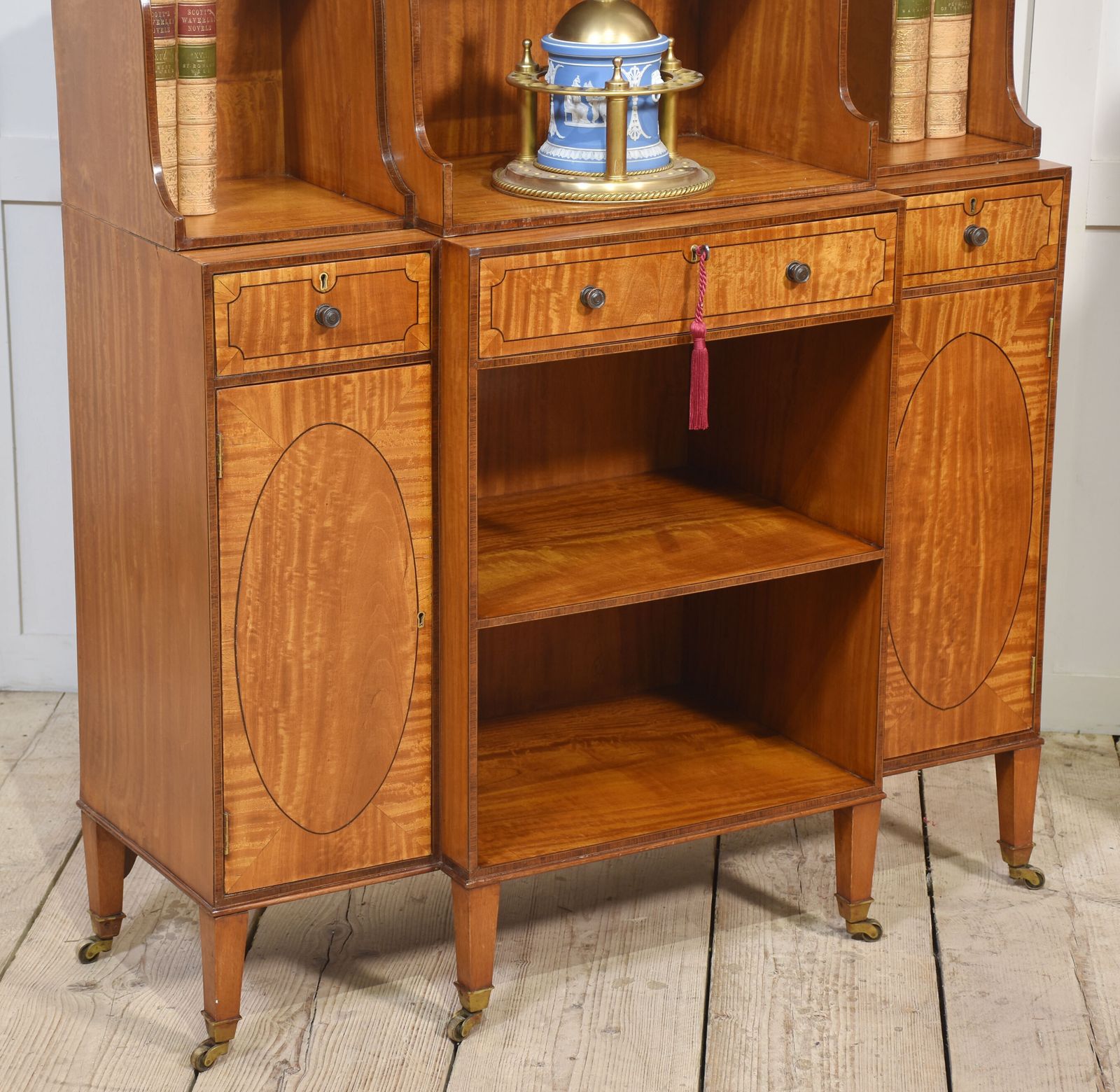 Pair Of Satinwood Crossbanded Open Breakfront Waterfall Bookcases photo for sale