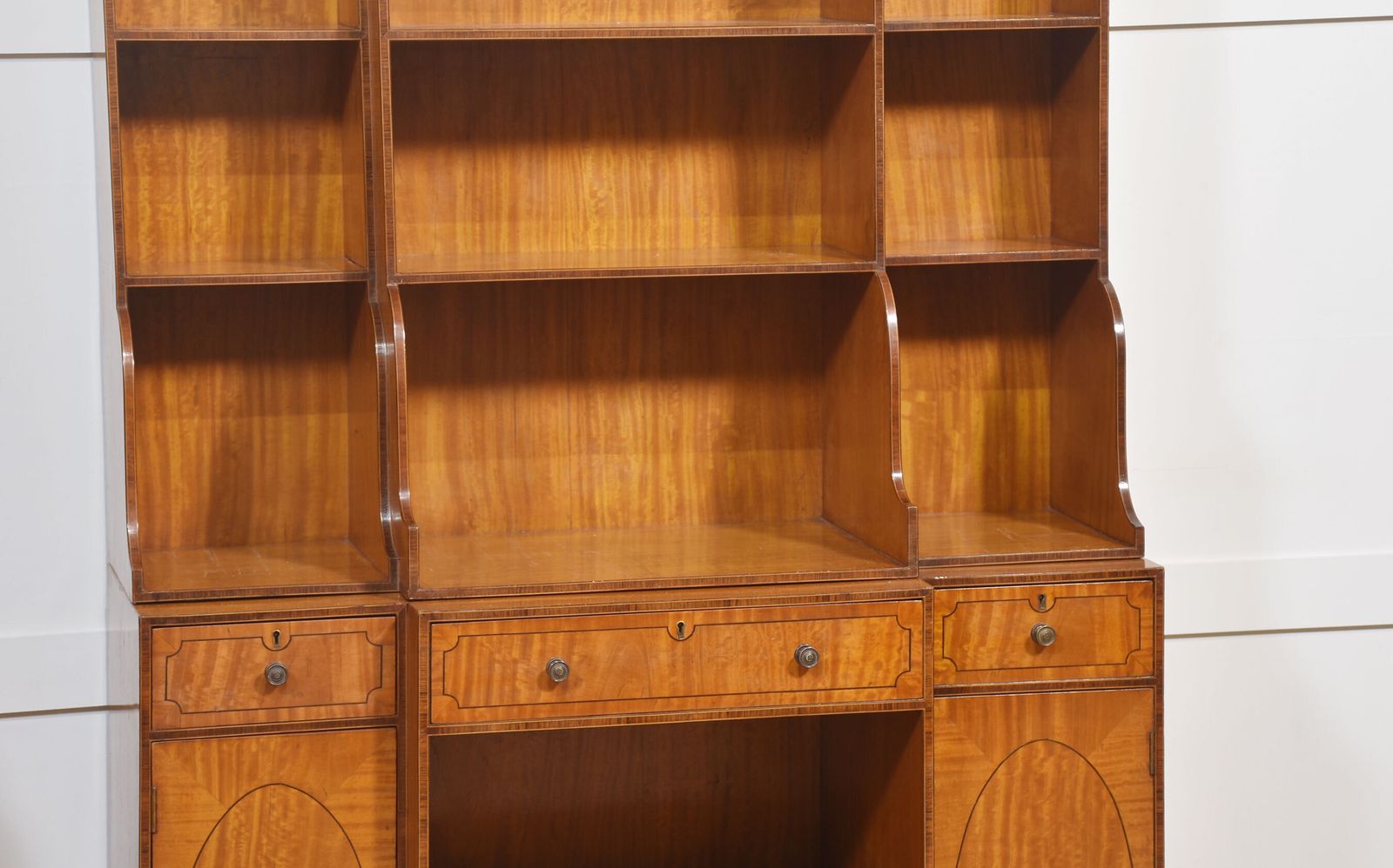 Pair Of Satinwood Crossbanded Open Breakfront Waterfall Bookcases photo vintage