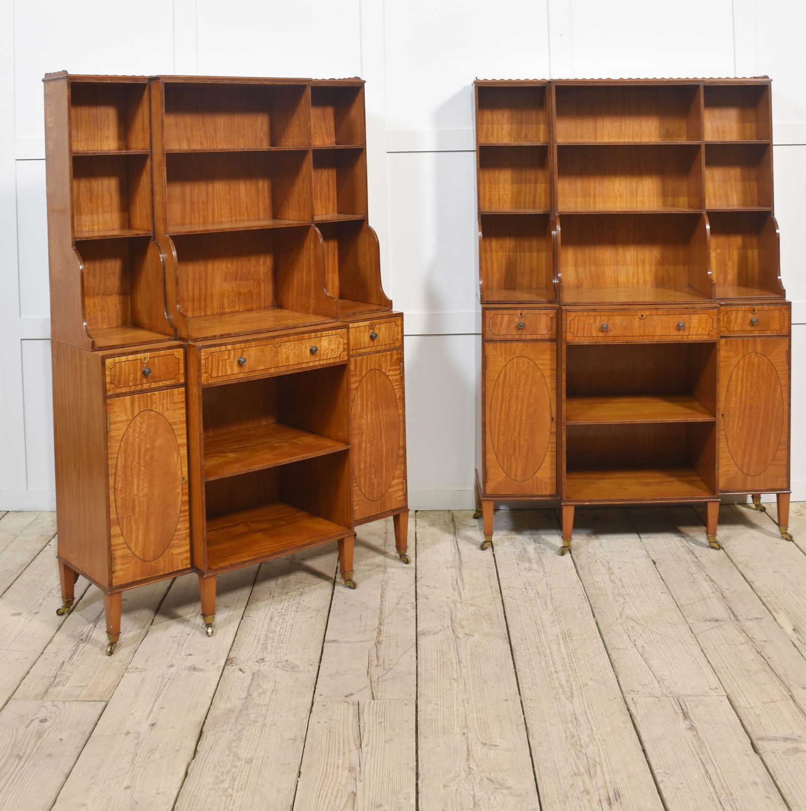 photo for sale Pair Of Satinwood Crossbanded Open Breakfront Waterfall Bookcases
